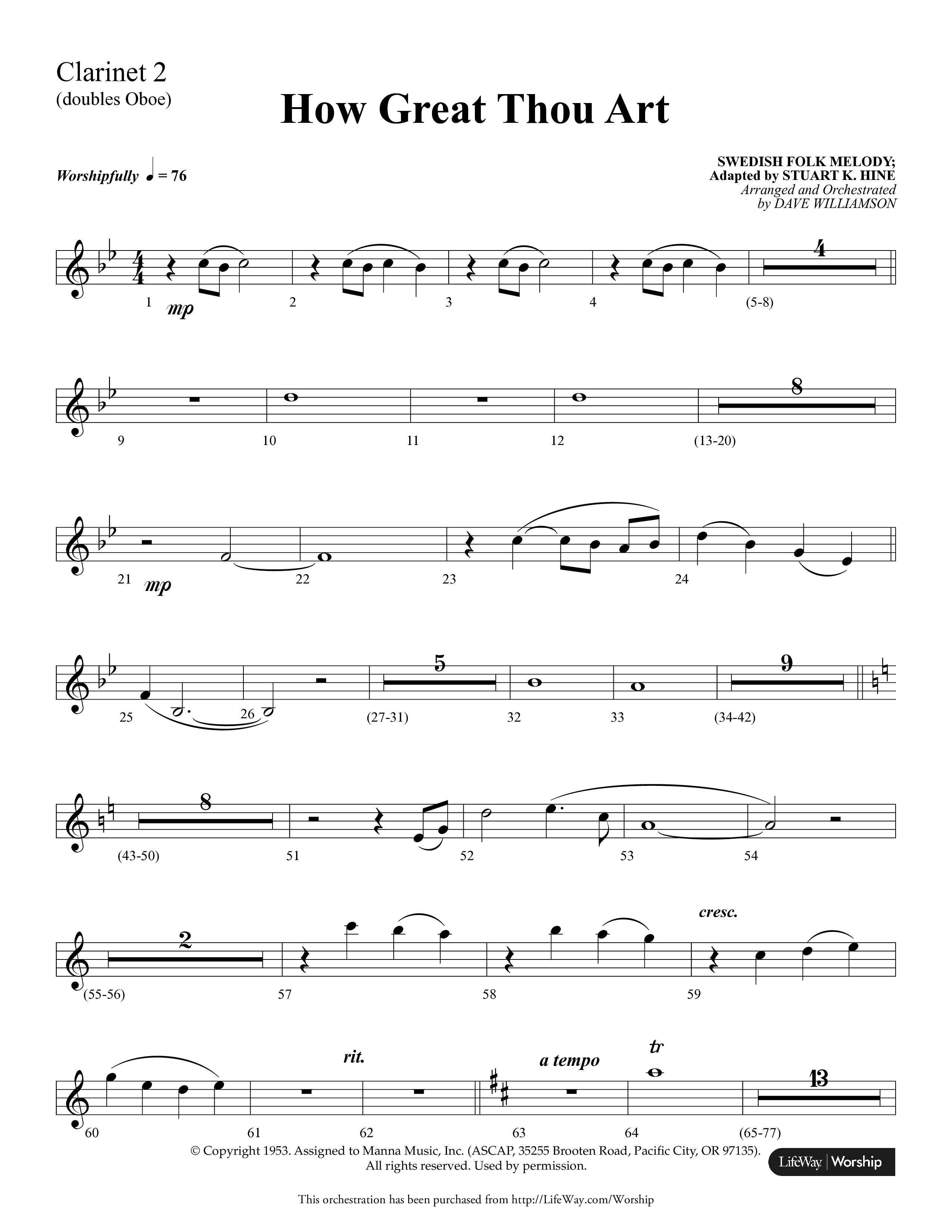 How Great Thou Art (Choral Anthem SATB) Clarinet 1/2 (Lifeway Choral / Arr. Dave Williamson)