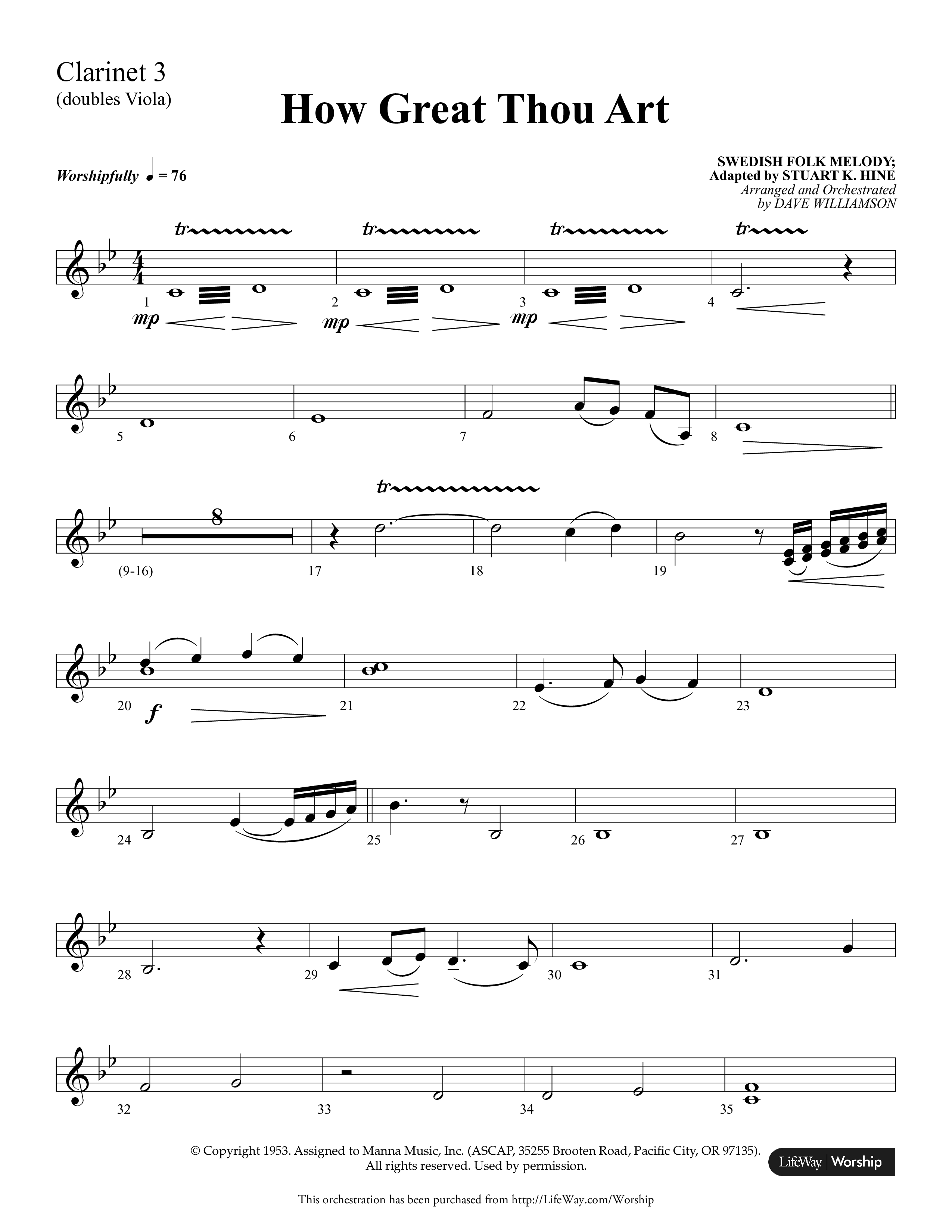 How Great Thou Art (Choral Anthem SATB) Clarinet 3 (Lifeway Choral / Arr. Dave Williamson)