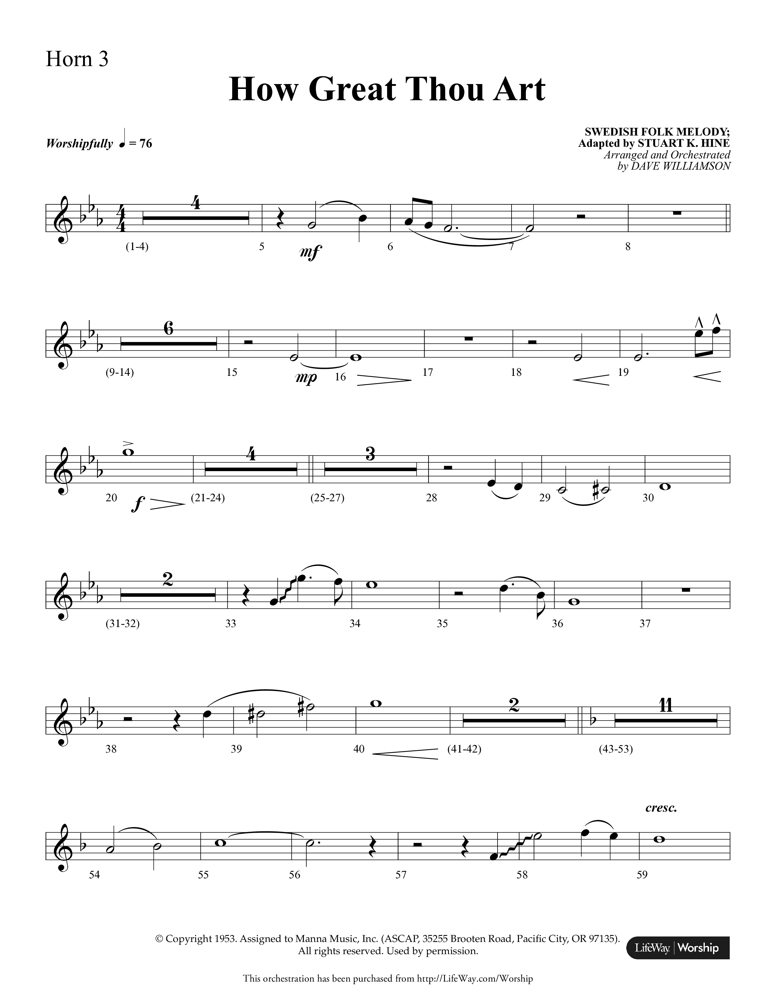 How Great Thou Art (Choral Anthem SATB) French Horn 3 (Lifeway Choral / Arr. Dave Williamson)