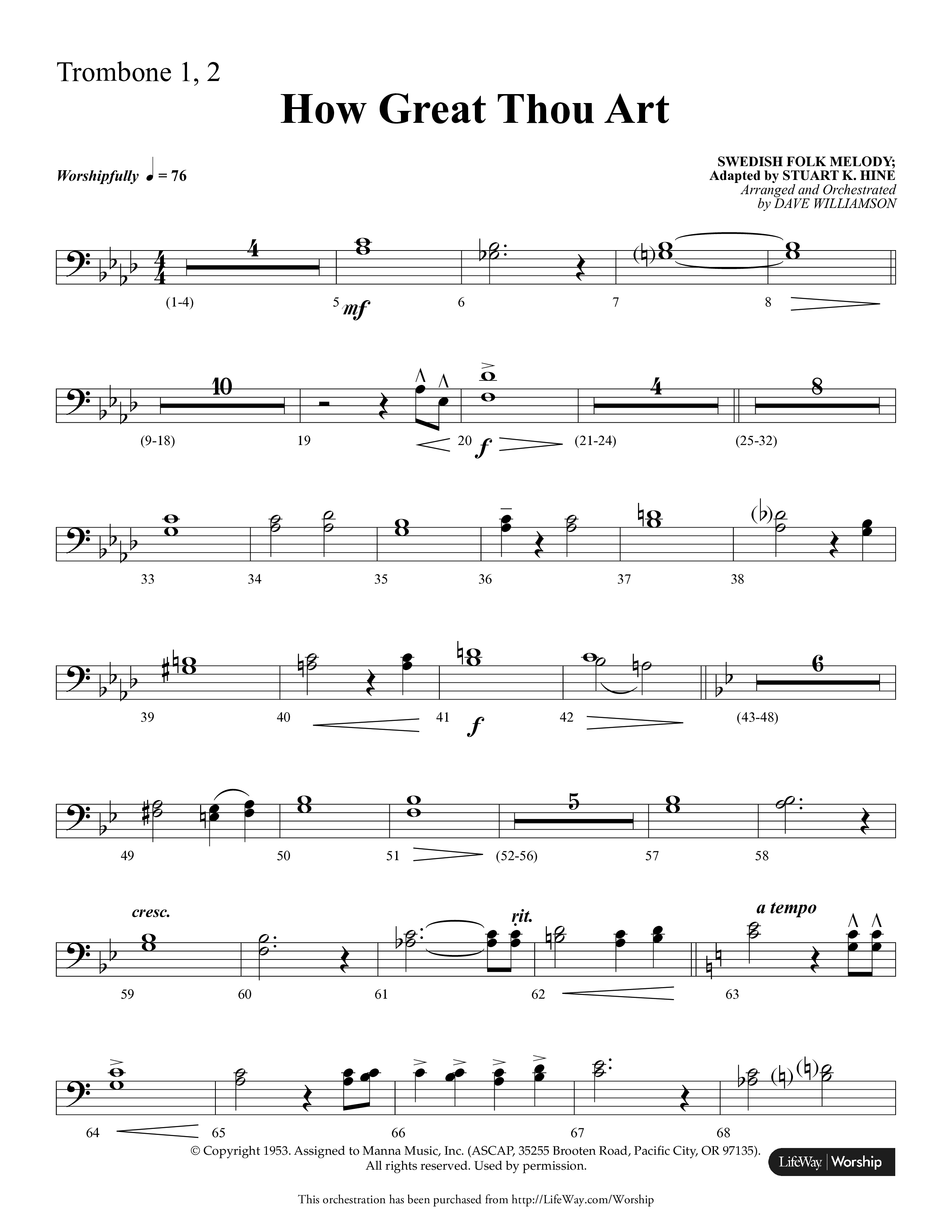 How Great Thou Art (Choral Anthem SATB) Trombone 1/2 (Lifeway Choral / Arr. Dave Williamson)