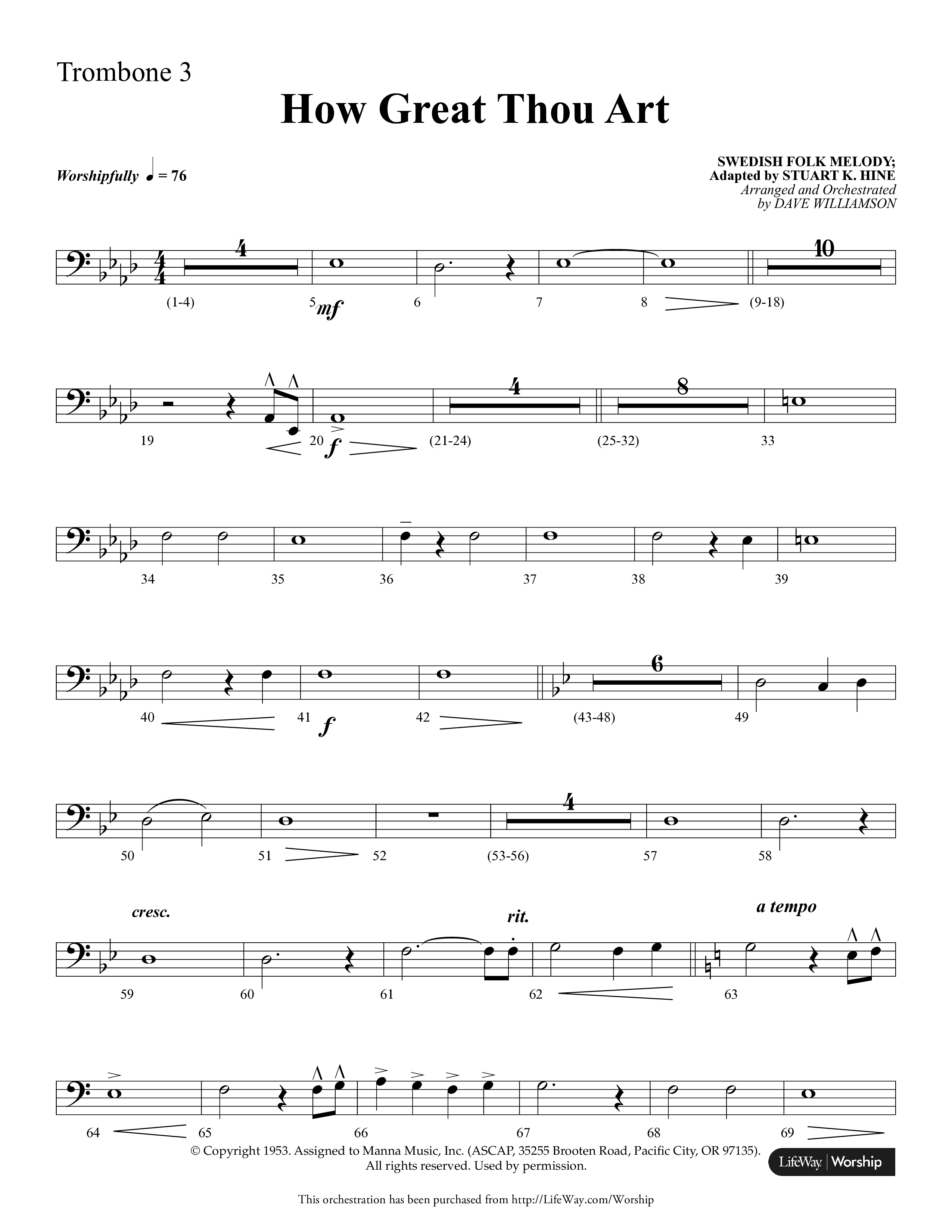 How Great Thou Art (Choral Anthem SATB) Trombone 3 (Lifeway Choral / Arr. Dave Williamson)