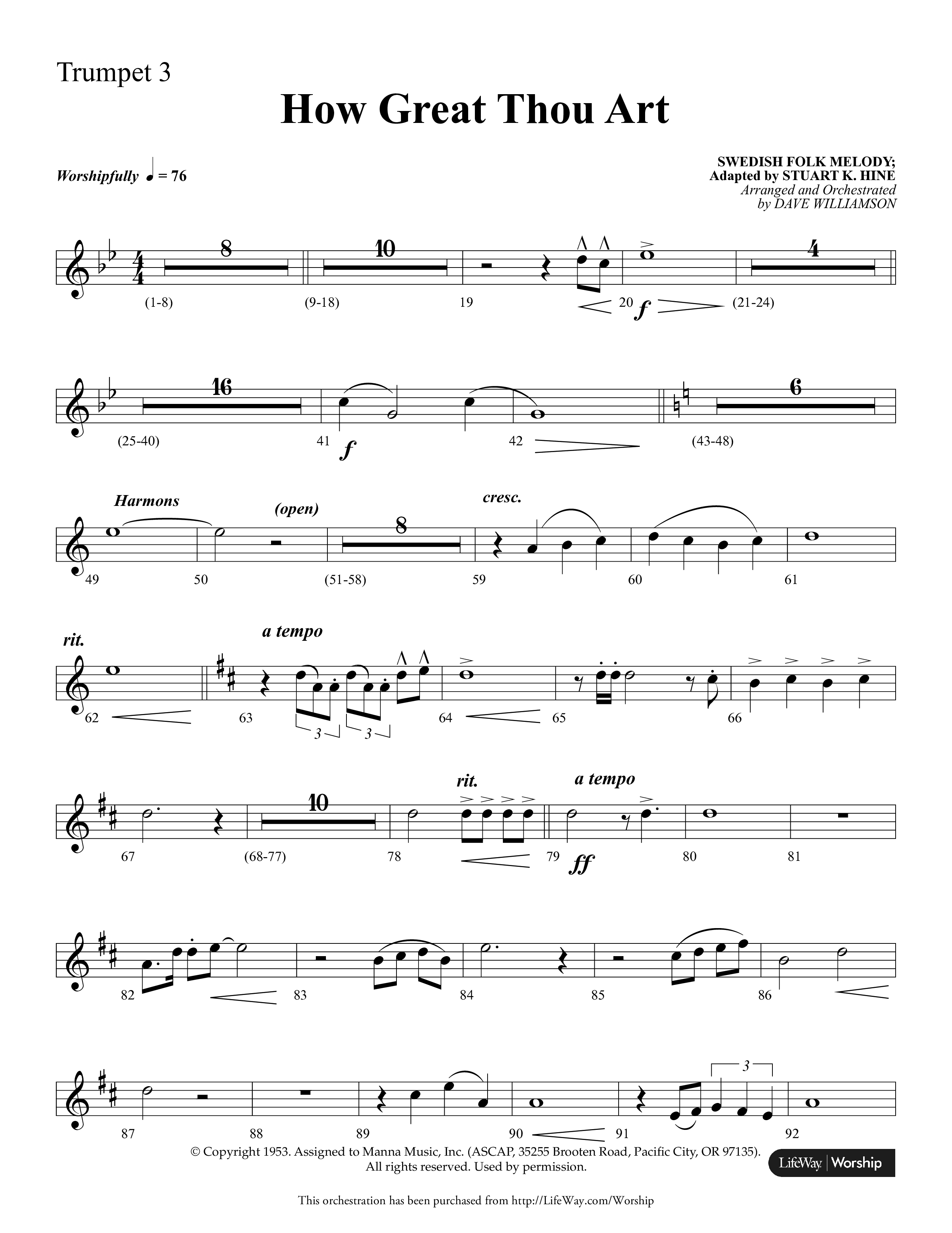 How Great Thou Art (Choral Anthem SATB) Trumpet 3 (Lifeway Choral / Arr. Dave Williamson)