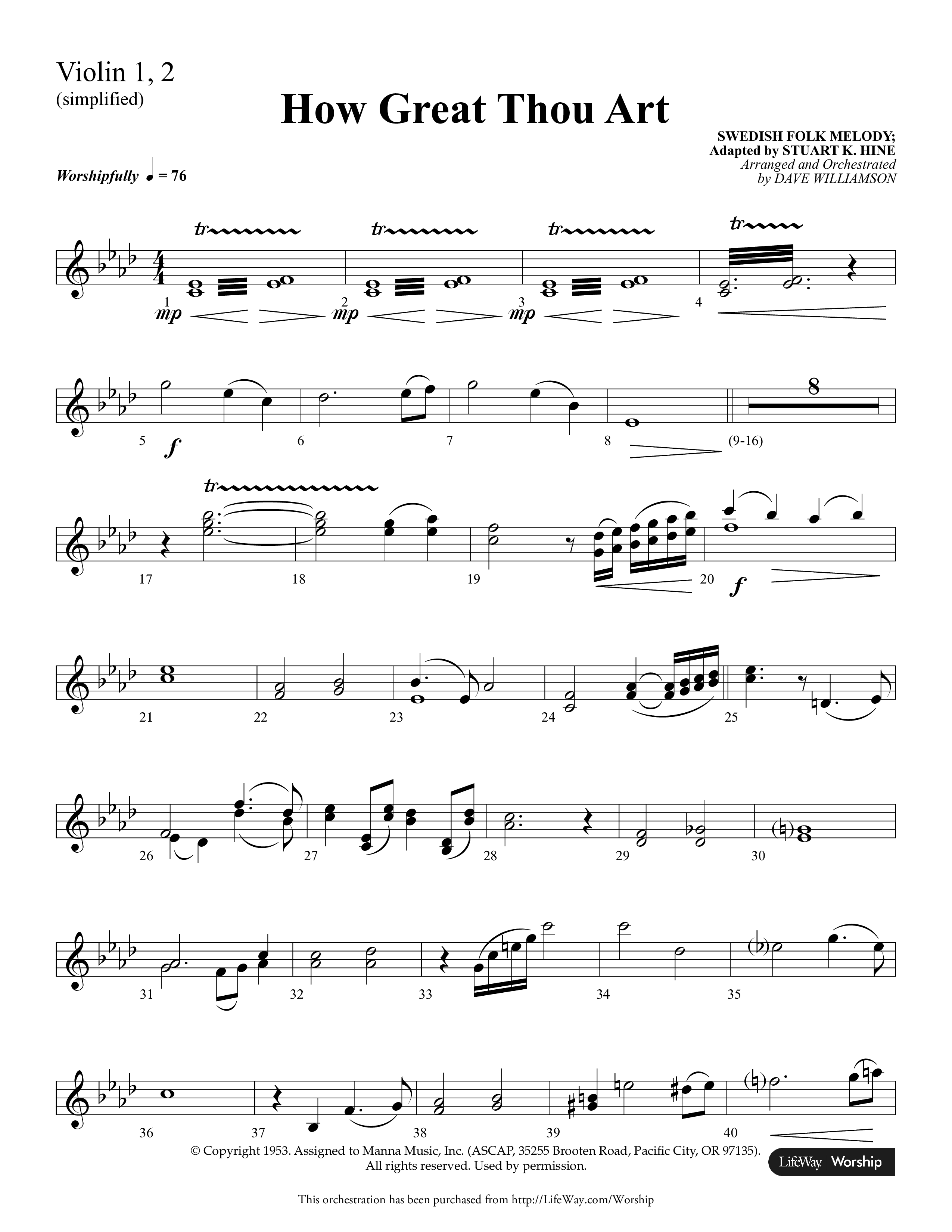 How Great Thou Art (Choral Anthem SATB) Violin 1/2 (Lifeway Choral / Arr. Dave Williamson)