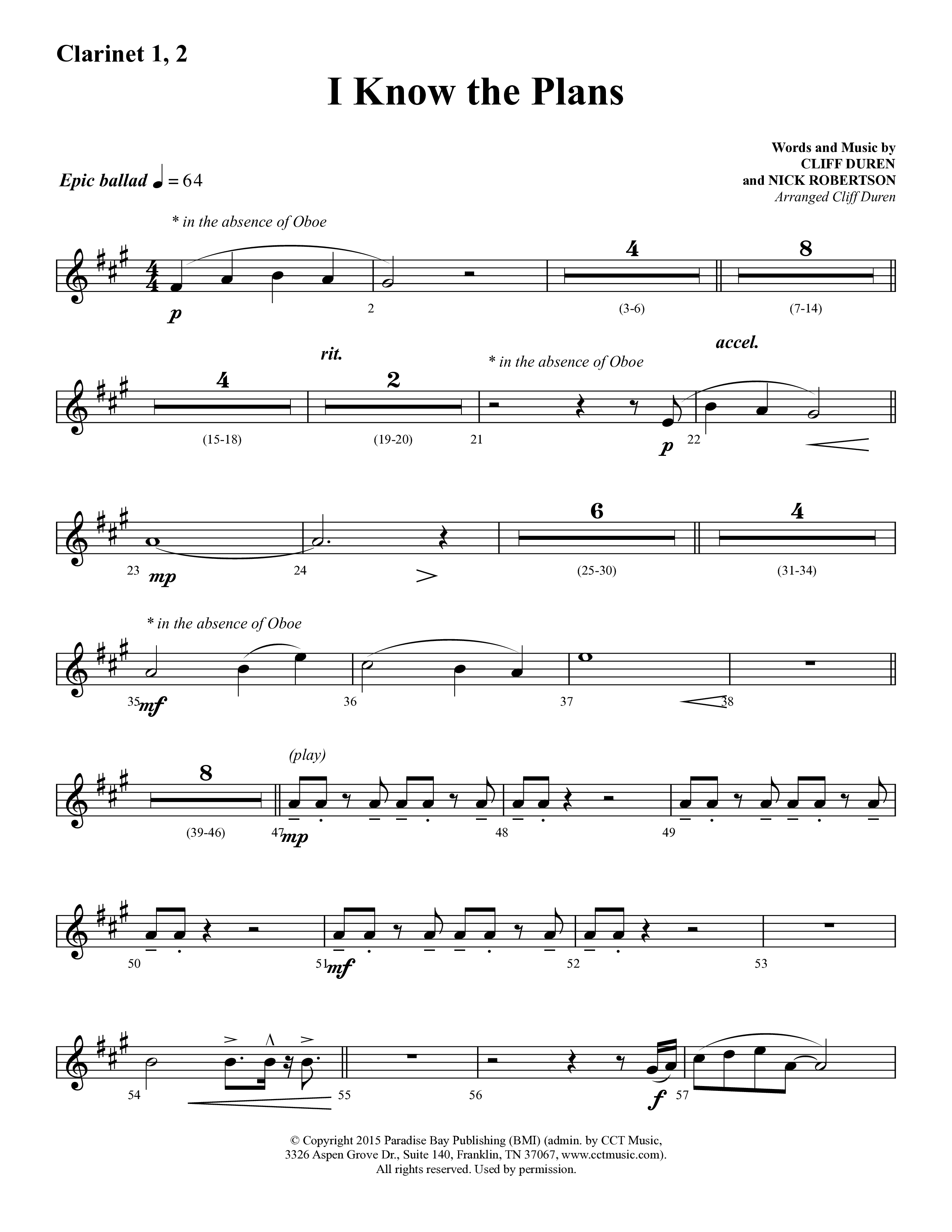 I Know The Plans (Choral Anthem SATB) Clarinet 1/2 (Lifeway Choral / Arr. Cliff Duren)