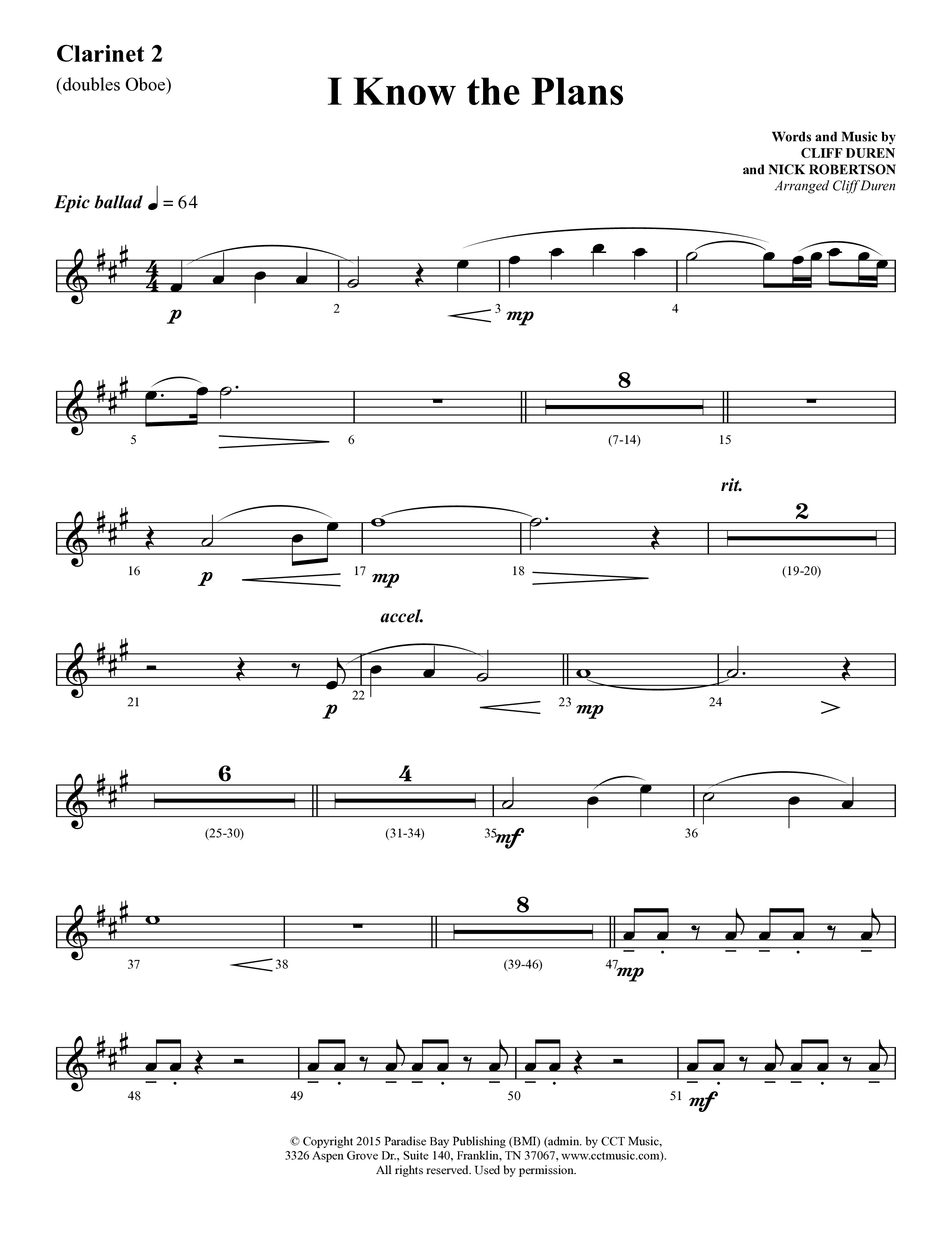 I Know The Plans (Choral Anthem SATB) Clarinet 1/2 (Lifeway Choral / Arr. Cliff Duren)