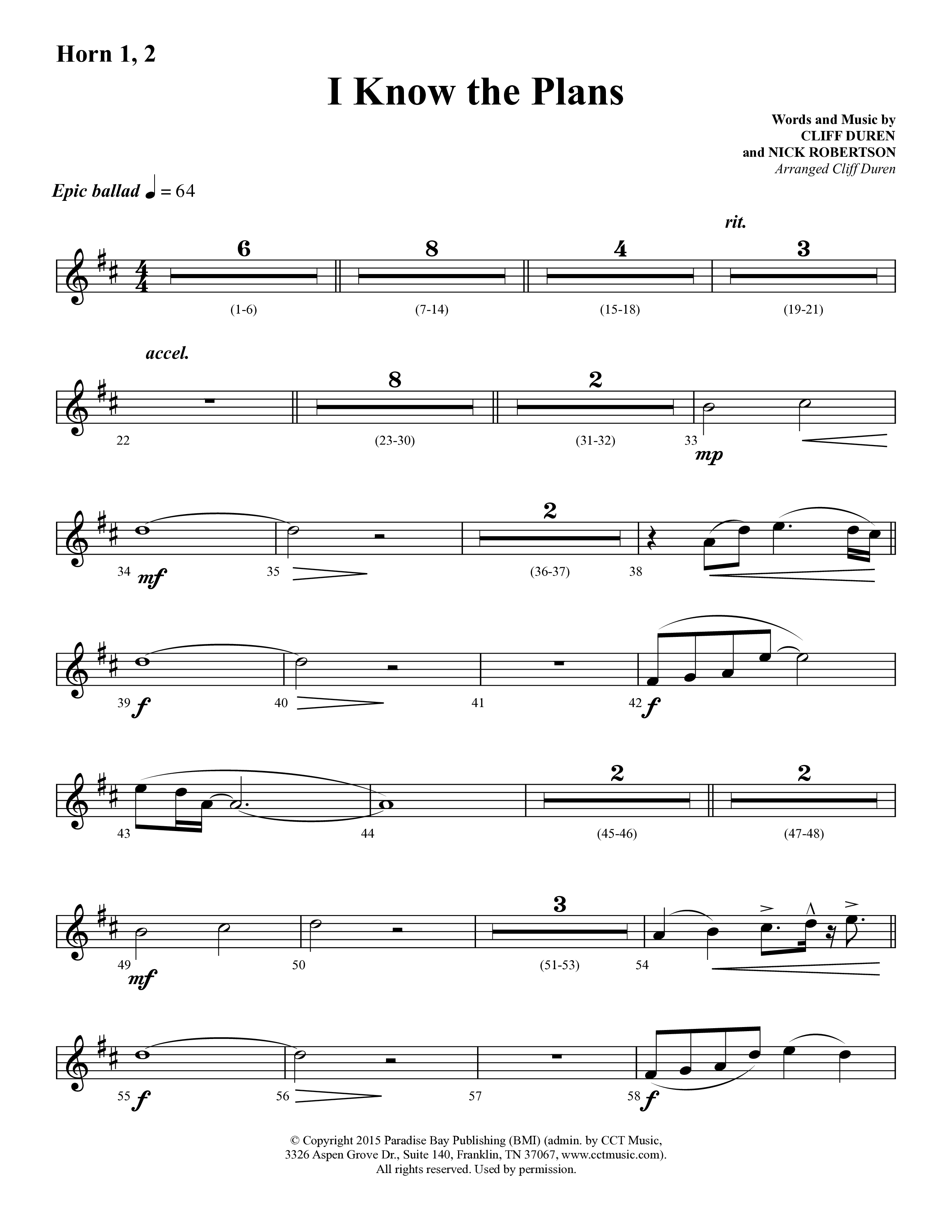 I Know The Plans (Choral Anthem SATB) French Horn 1/2 (Lifeway Choral / Arr. Cliff Duren)