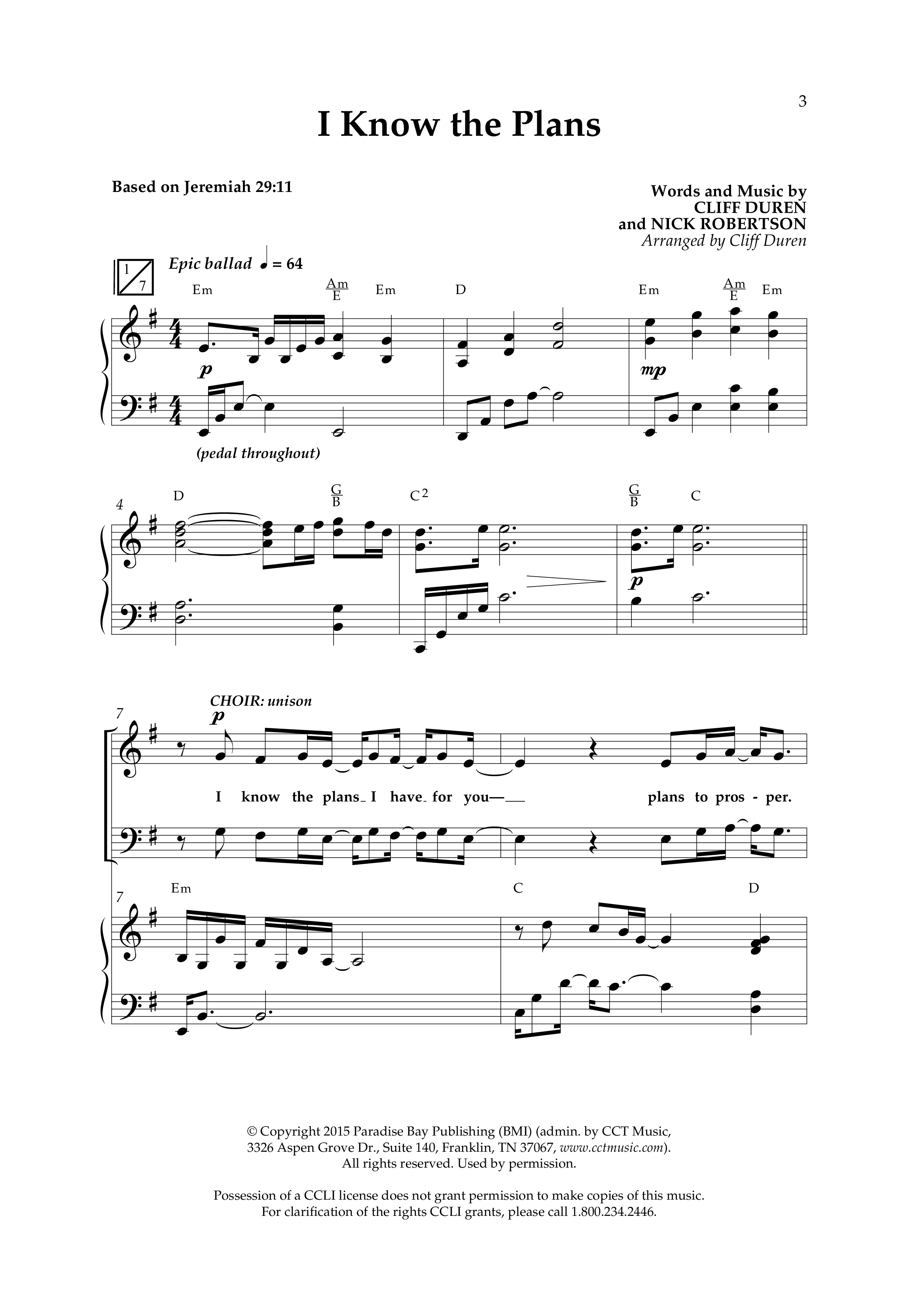 I Know The Plans (Choral Anthem SATB) Anthem (SATB/Piano) (Lifeway Choral / Arr. Cliff Duren)