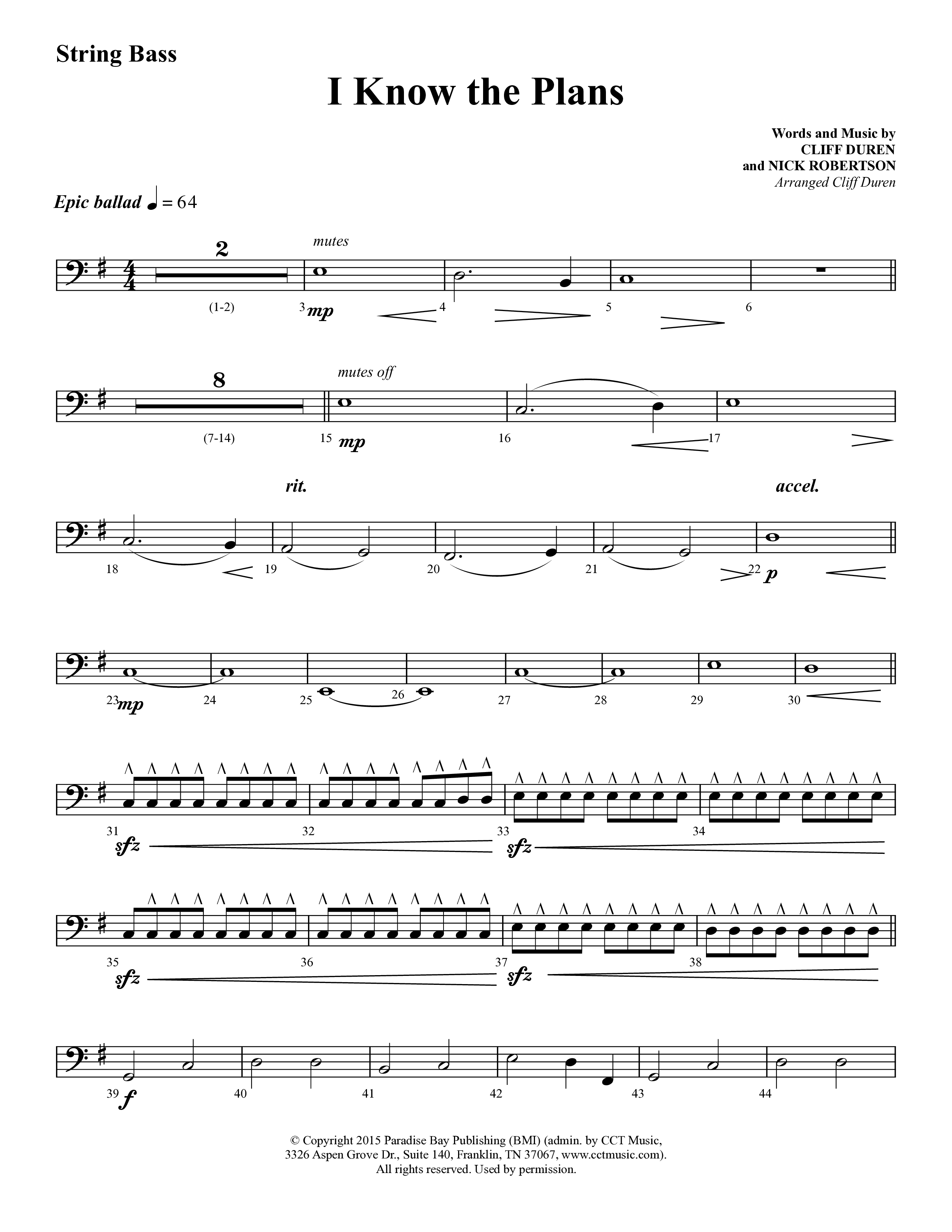 I Know The Plans (Choral Anthem SATB) String Bass (Lifeway Choral / Arr. Cliff Duren)