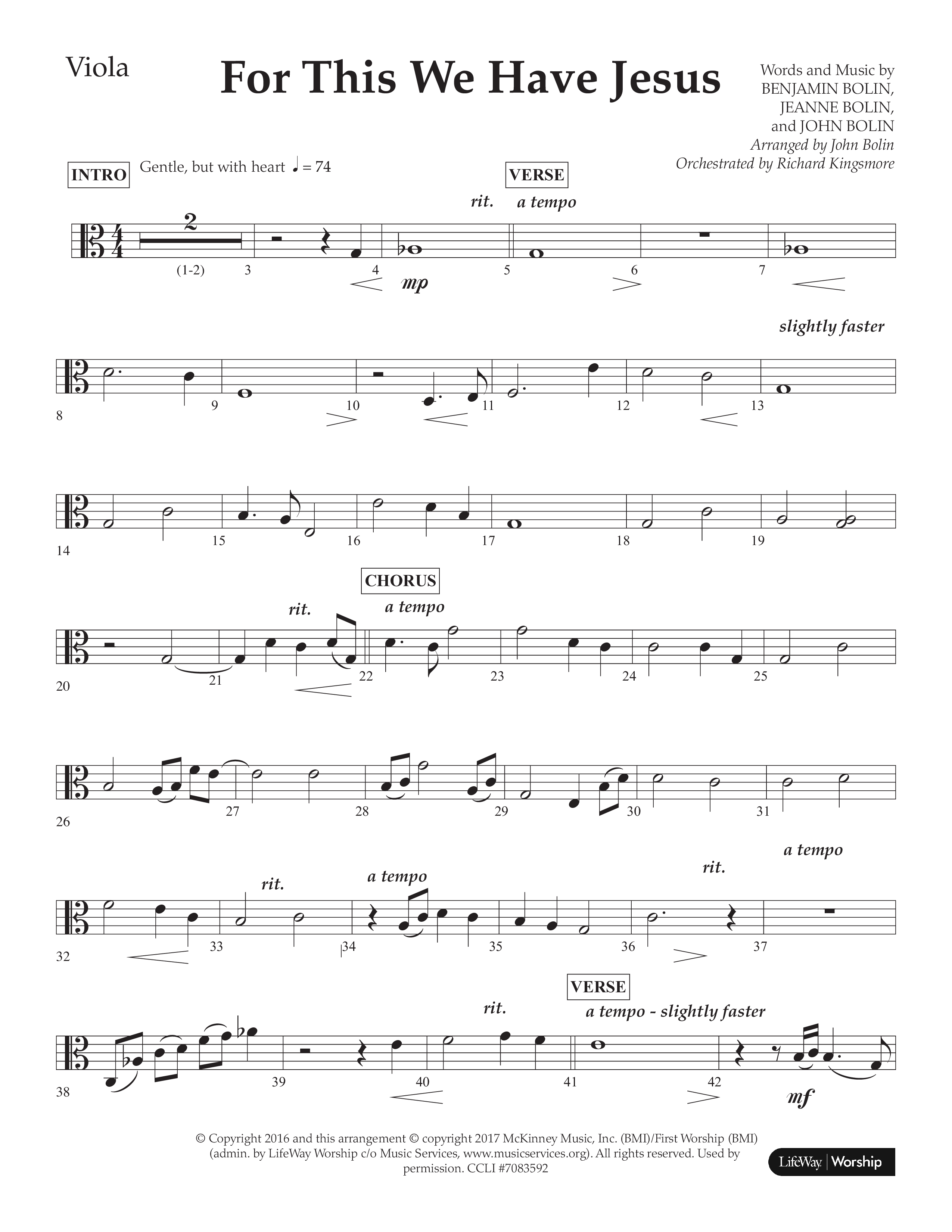 For This We Have Jesus (Choral Anthem SATB) Viola (Lifeway Choral / Arr. John Bolin / Orch. Richard Kingsmore)