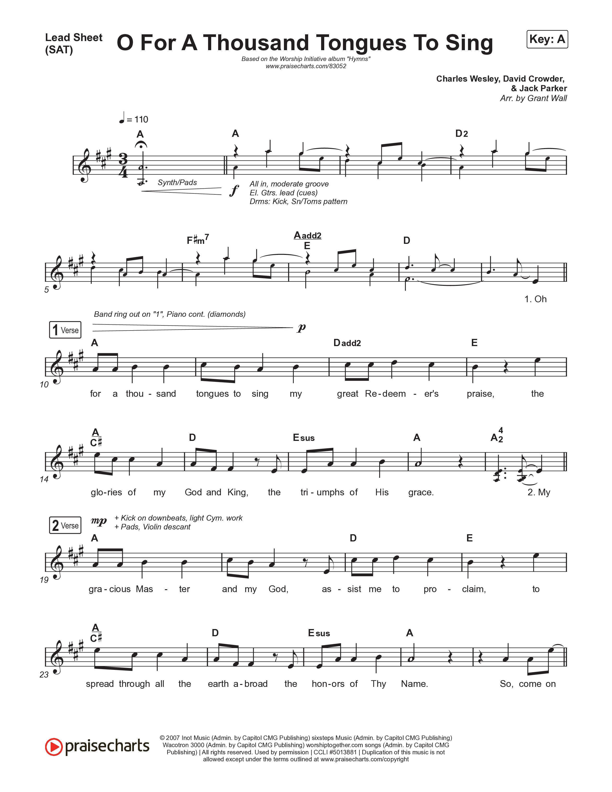 O For A Thousand Tongues To Sing Lead Sheet (SAT) (The Worship Initiative)