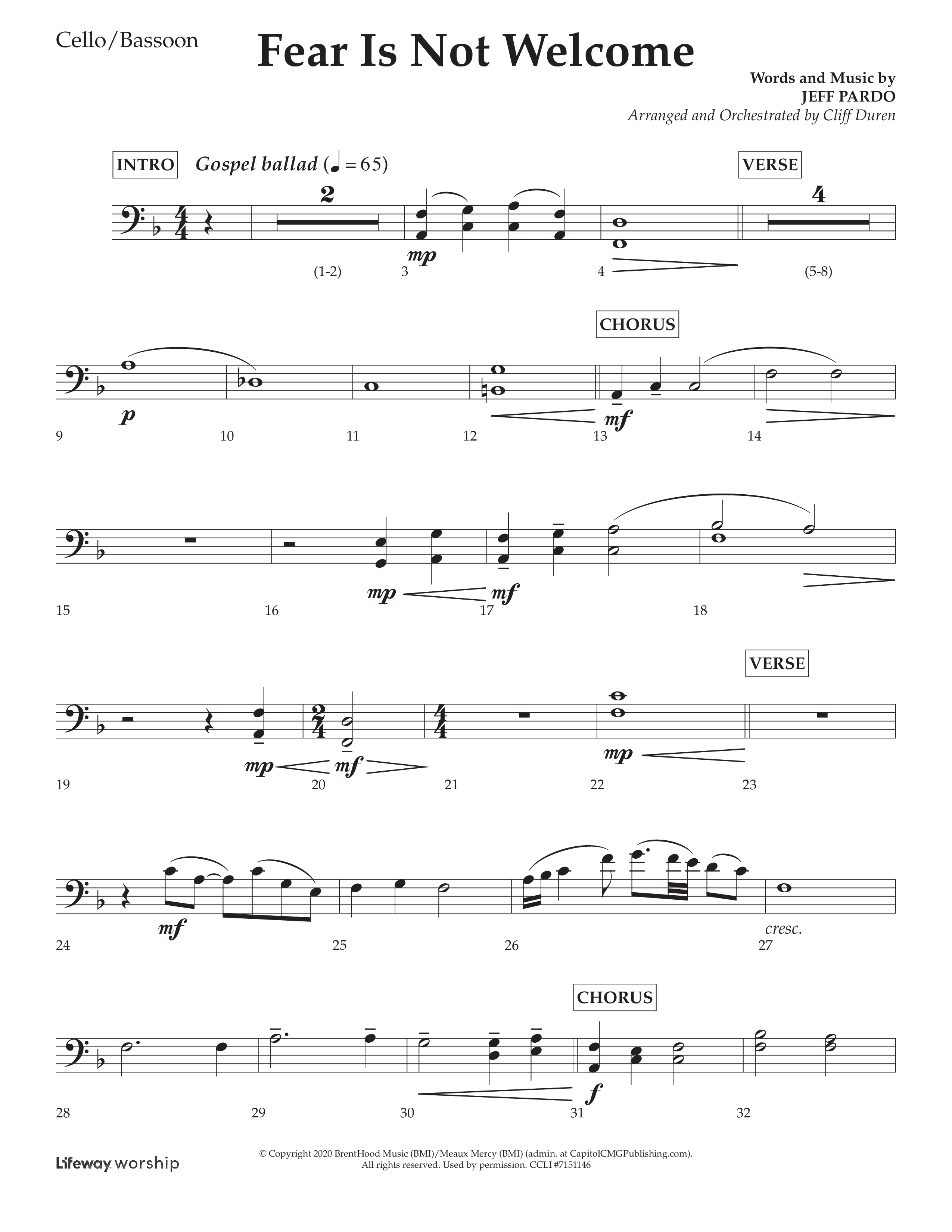Fear Is Not Welcome (Choral Anthem SATB) Cello (Lifeway Choral / Arr. Cliff Duren)