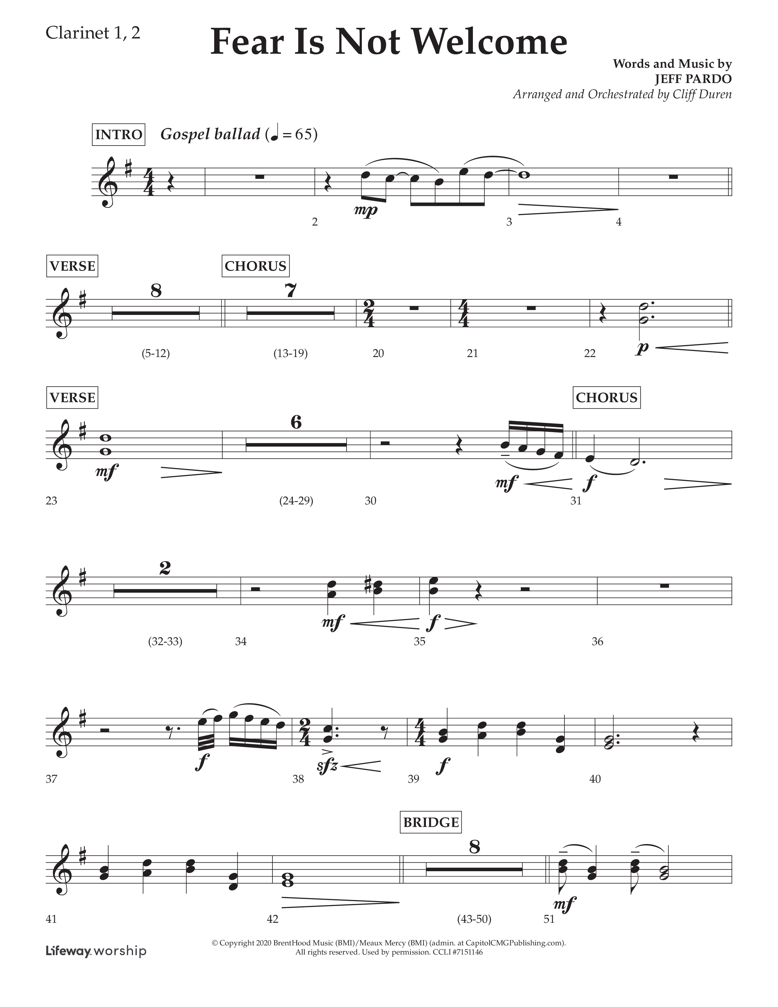Fear Is Not Welcome (Choral Anthem SATB) Clarinet 1/2 (Lifeway Choral / Arr. Cliff Duren)