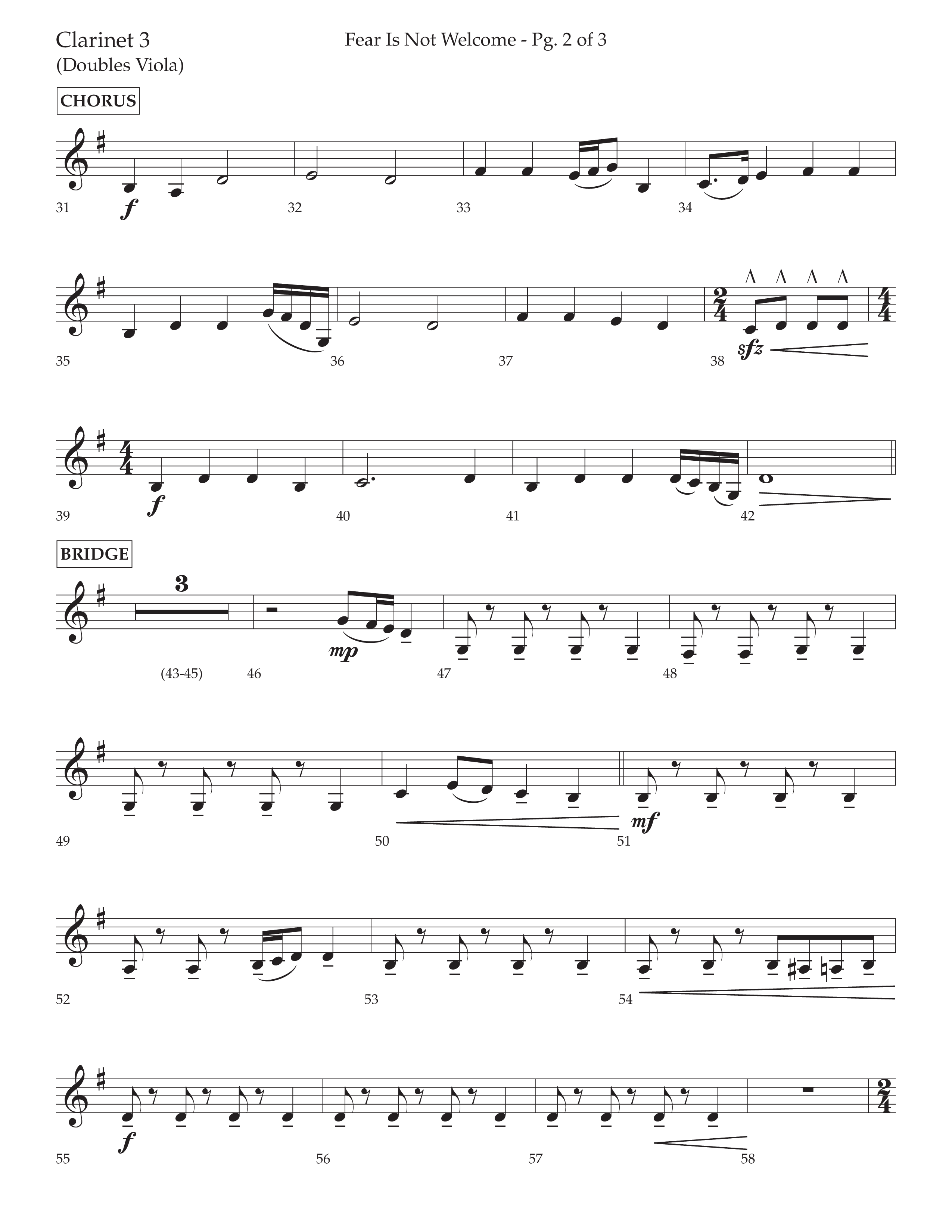 Fear Is Not Welcome (Choral Anthem SATB) Clarinet 3 (Lifeway Choral / Arr. Cliff Duren)