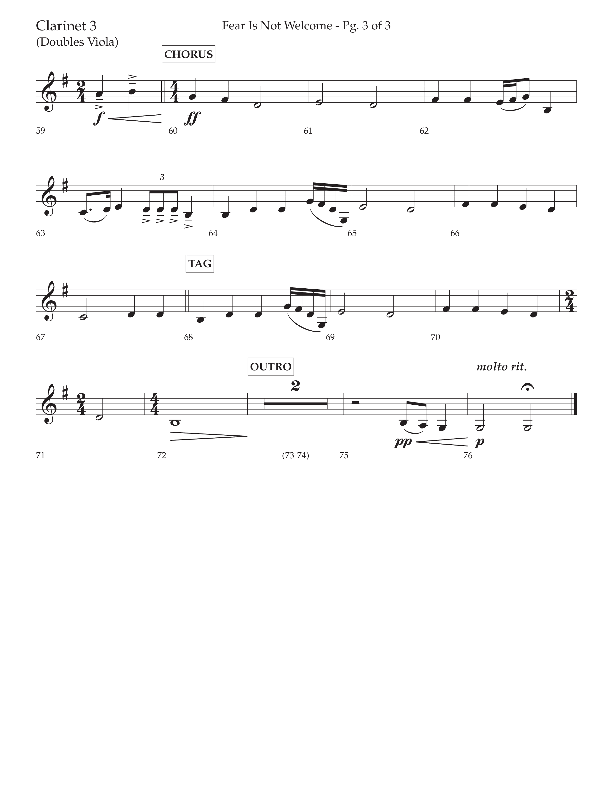 Fear Is Not Welcome (Choral Anthem SATB) Clarinet 3 (Lifeway Choral / Arr. Cliff Duren)