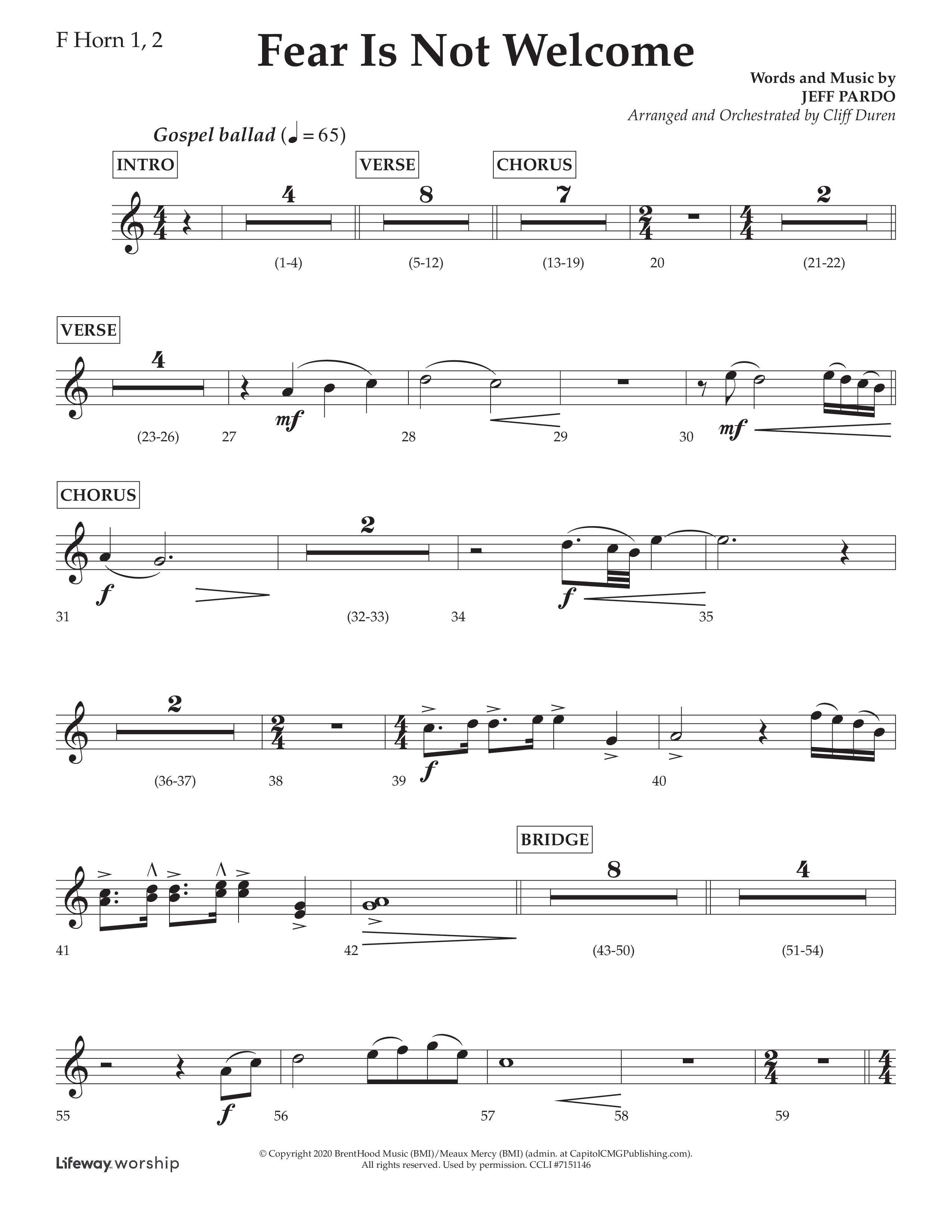 Fear Is Not Welcome (Choral Anthem SATB) French Horn 1/2 (Lifeway Choral / Arr. Cliff Duren)