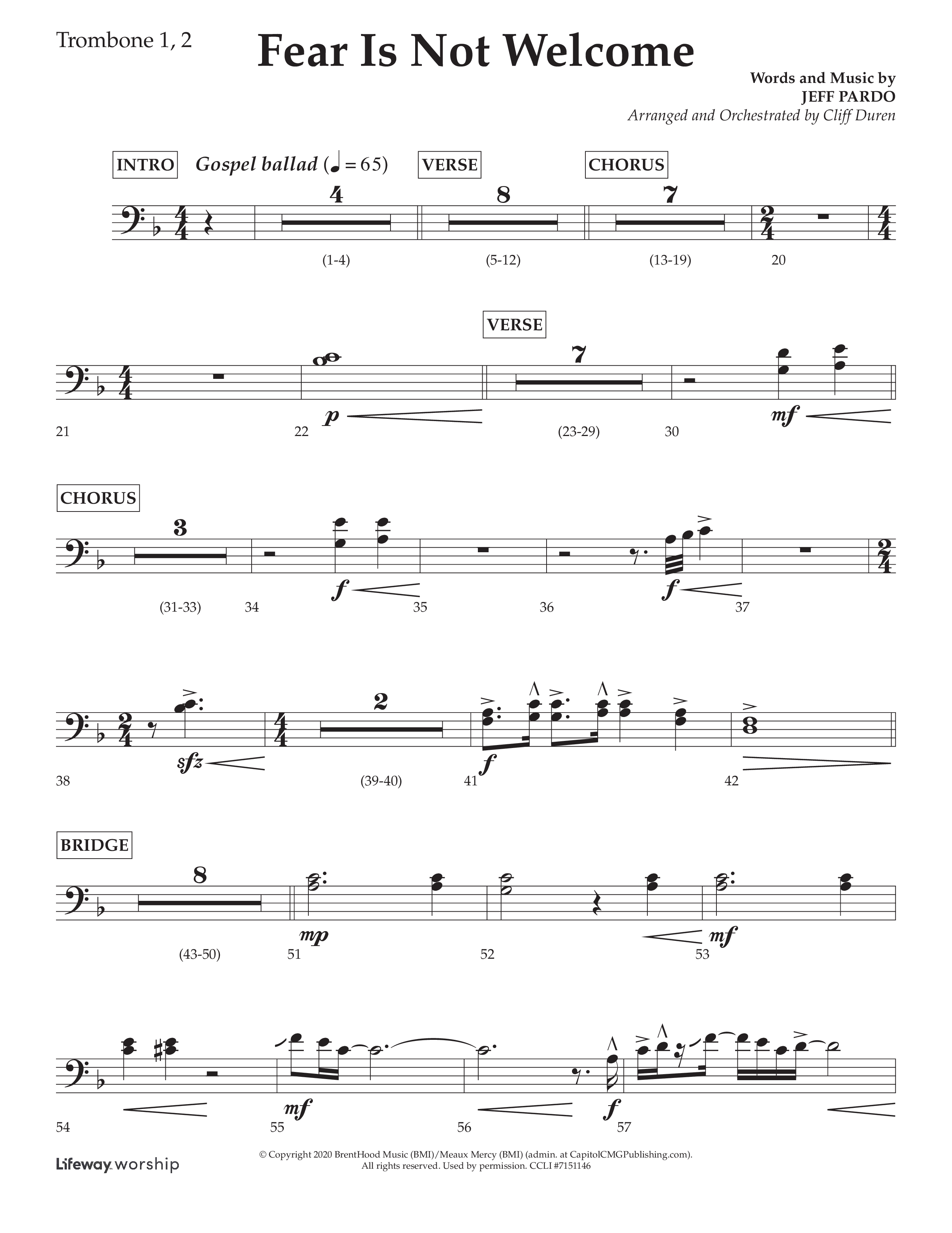 Fear Is Not Welcome (Choral Anthem SATB) Trombone 1/2 (Lifeway Choral / Arr. Cliff Duren)