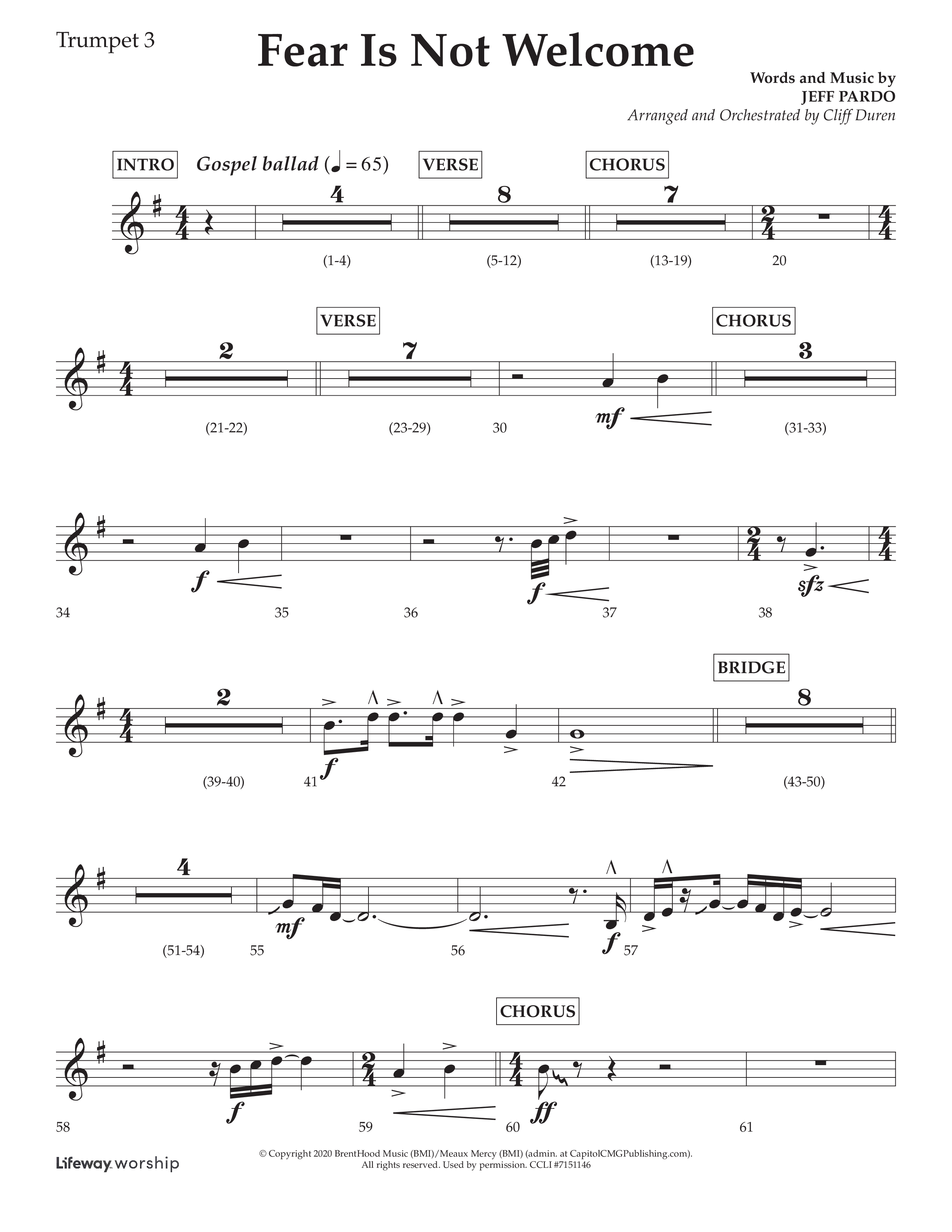 Fear Is Not Welcome (Choral Anthem SATB) Trumpet 3 (Lifeway Choral / Arr. Cliff Duren)