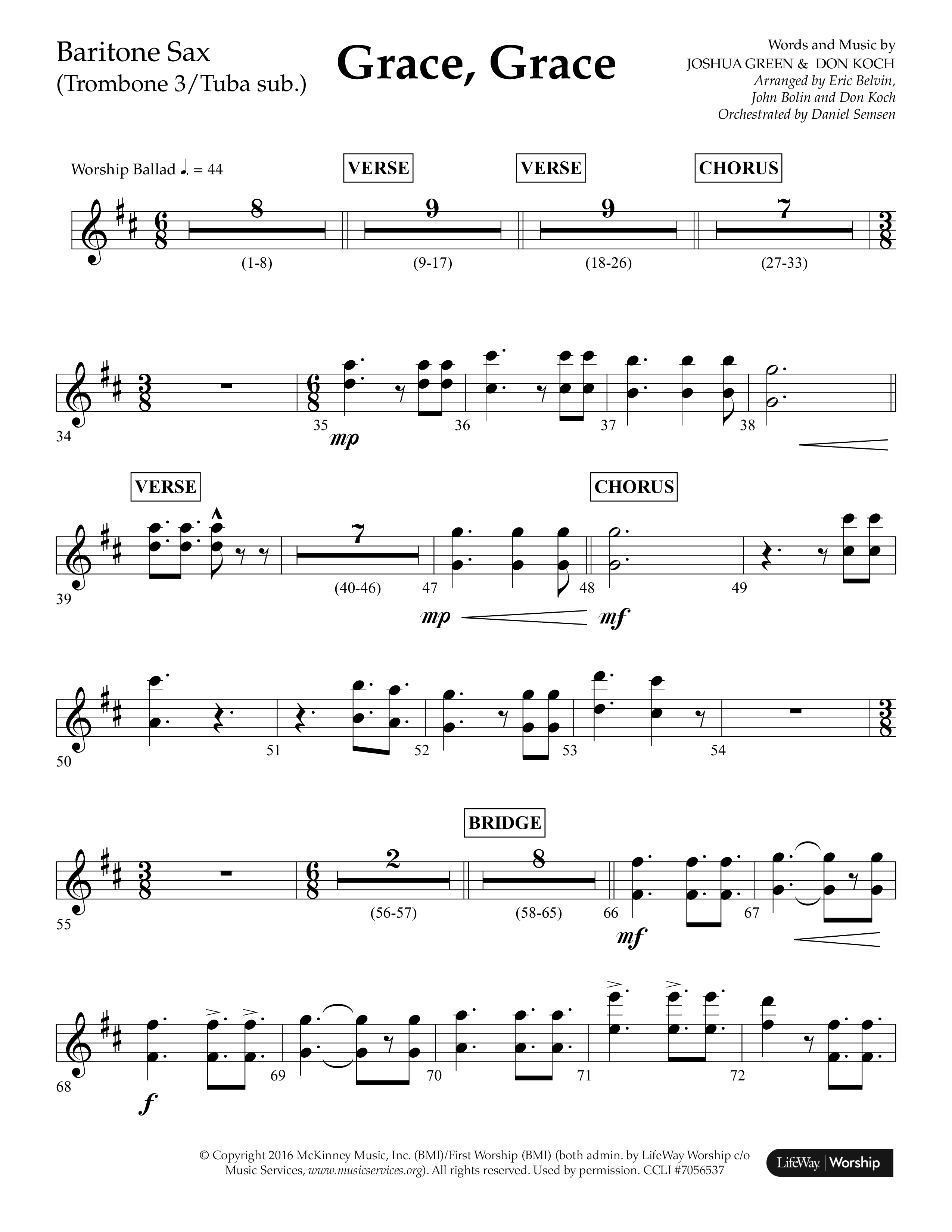 Grace Grace (Choral Anthem SATB) Bari Sax (Lifeway Choral / Arr. John Bolin / Arr. Don Koch / Arr. Eric Belvin / Orch. Daniel Semsen)