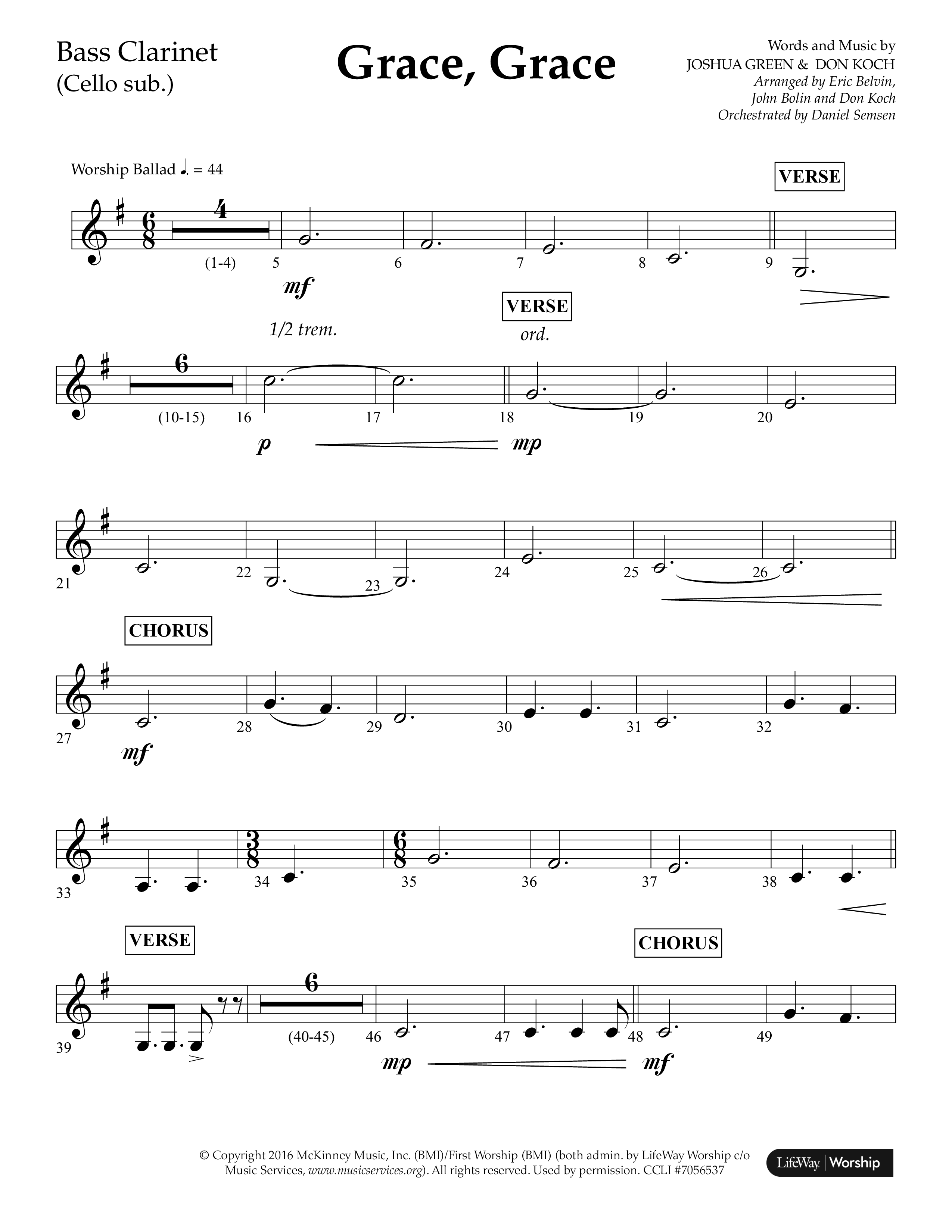 Grace Grace (Choral Anthem SATB) Bass Clarinet (Lifeway Choral / Arr. John Bolin / Arr. Don Koch / Arr. Eric Belvin / Orch. Daniel Semsen)