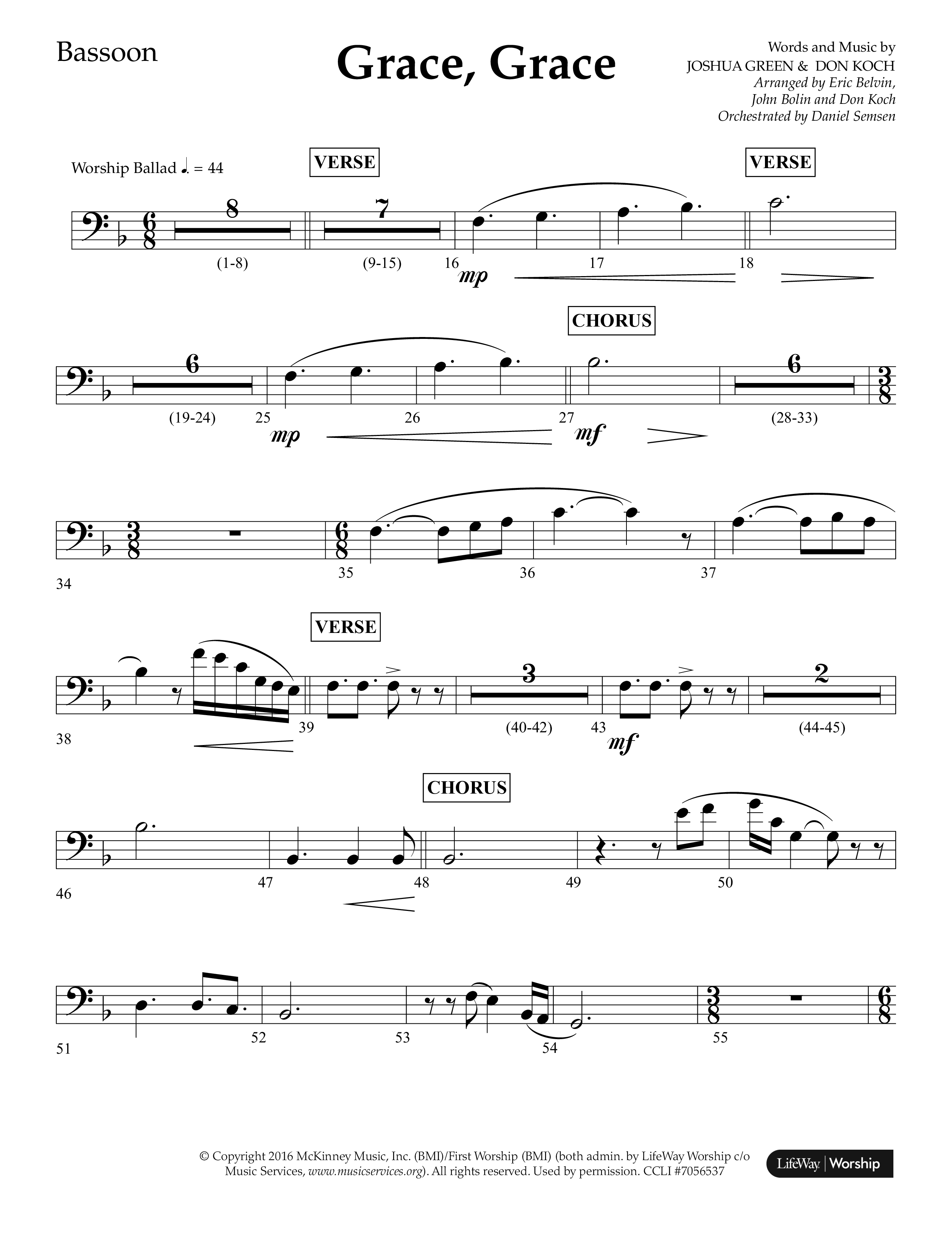 Grace Grace (Choral Anthem SATB) Bassoon (Lifeway Choral / Arr. John Bolin / Arr. Don Koch / Arr. Eric Belvin / Orch. Daniel Semsen)