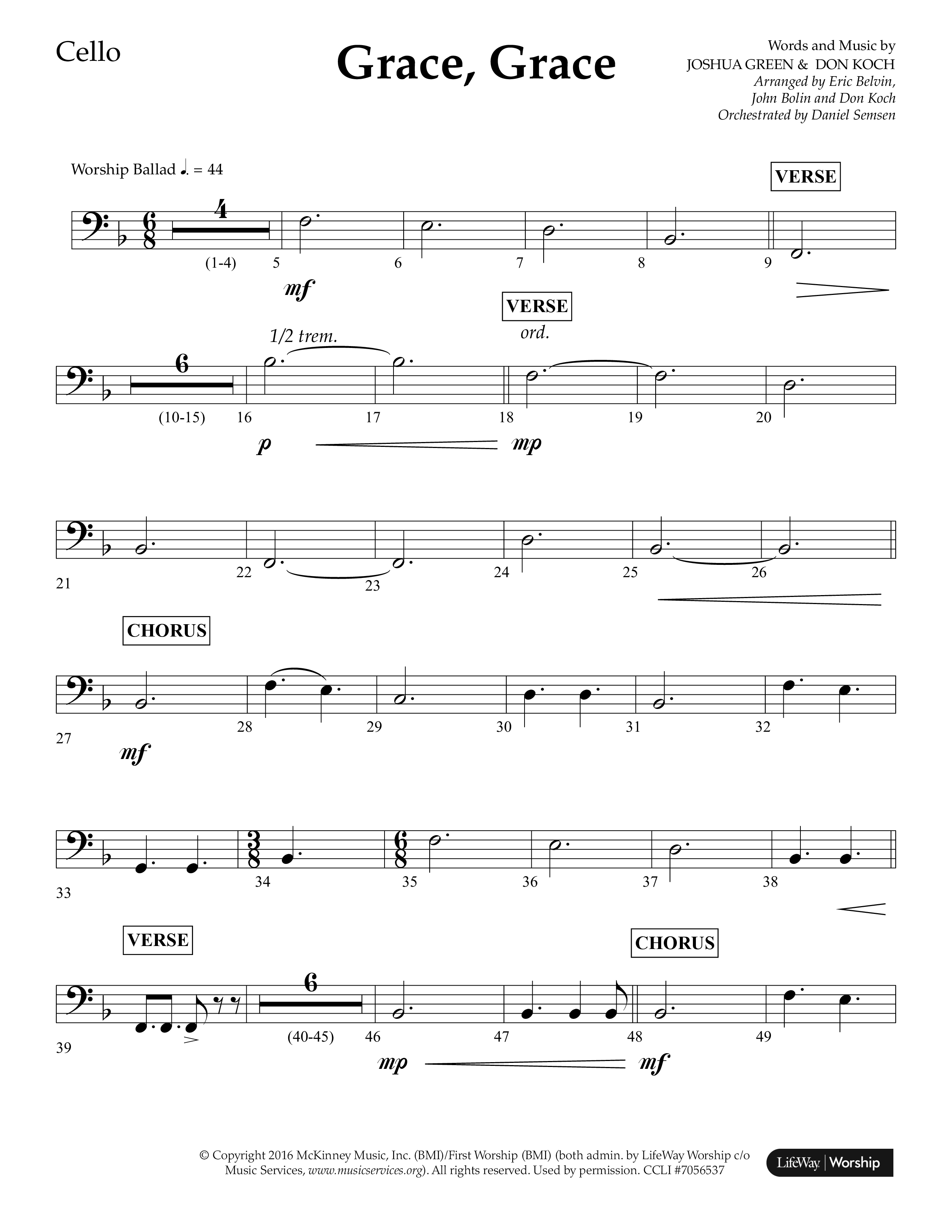 Grace Grace (Choral Anthem SATB) Cello (Lifeway Choral / Arr. John Bolin / Arr. Don Koch / Arr. Eric Belvin / Orch. Daniel Semsen)