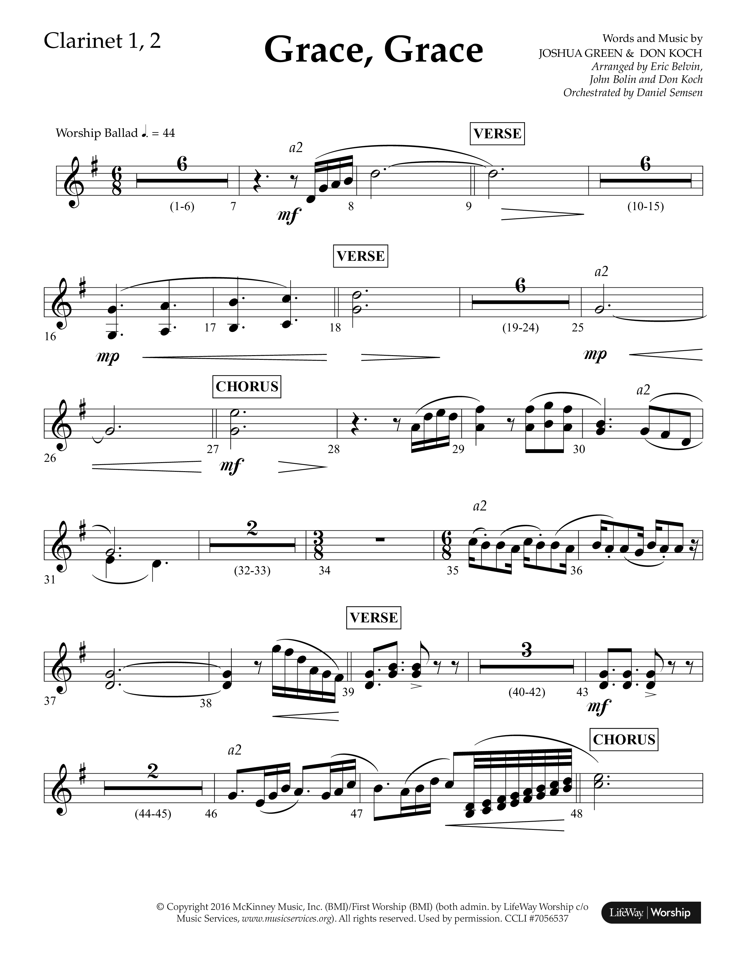 Grace Grace (Choral Anthem SATB) Clarinet 1/2 (Lifeway Choral / Arr. John Bolin / Arr. Don Koch / Arr. Eric Belvin / Orch. Daniel Semsen)