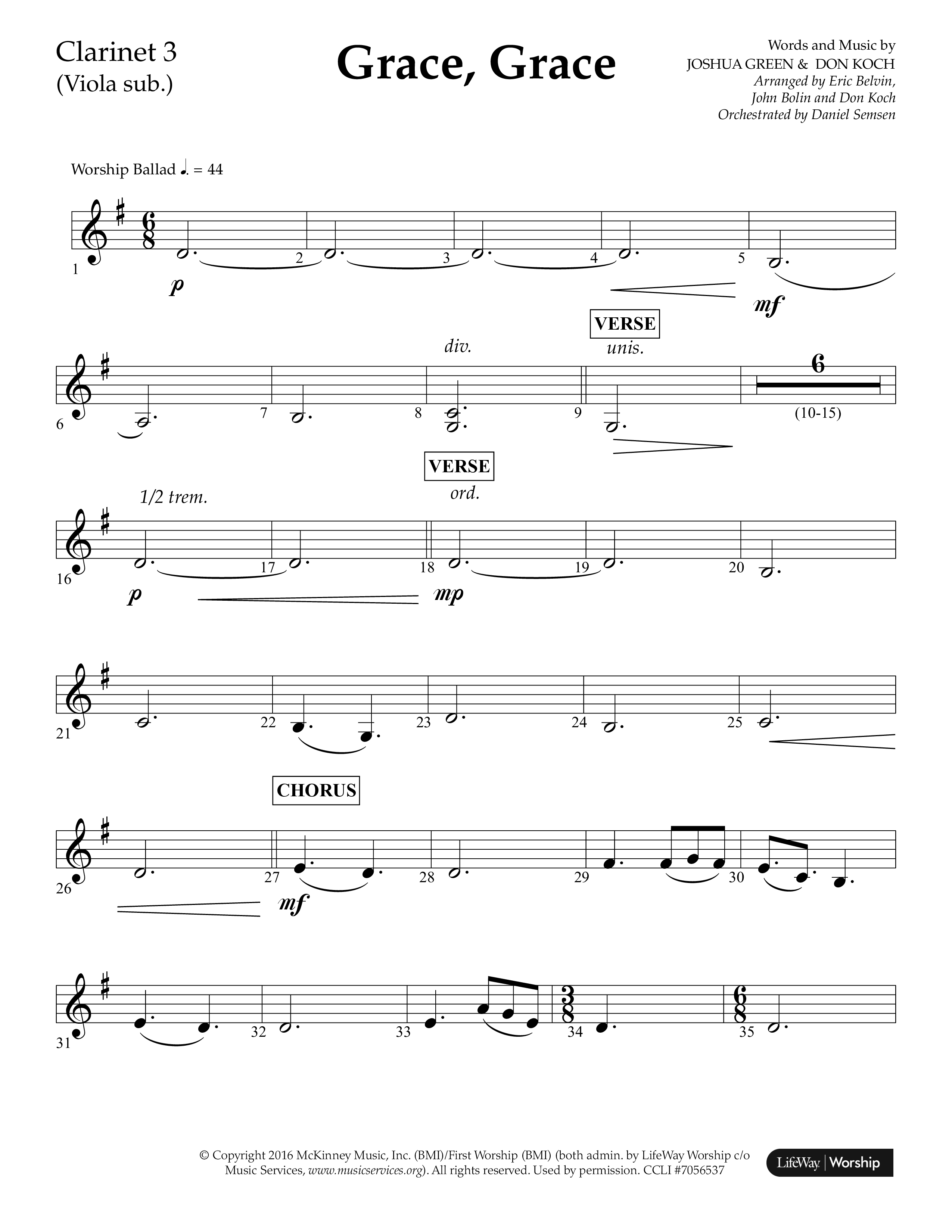 Grace Grace (Choral Anthem SATB) Clarinet 3 (Lifeway Choral / Arr. John Bolin / Arr. Don Koch / Arr. Eric Belvin / Orch. Daniel Semsen)