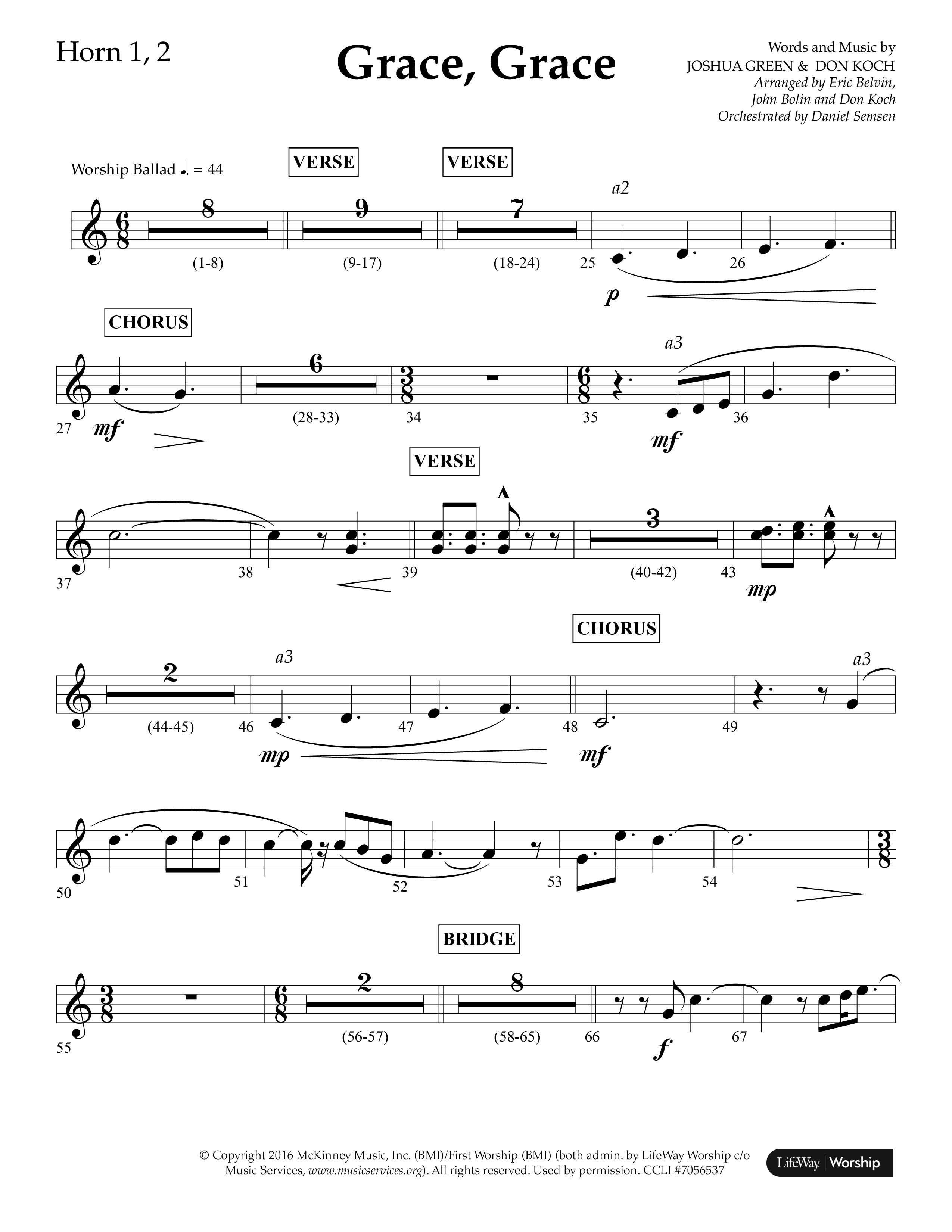Grace Grace (Choral Anthem SATB) French Horn 1/2 (Lifeway Choral / Arr. John Bolin / Arr. Don Koch / Arr. Eric Belvin / Orch. Daniel Semsen)