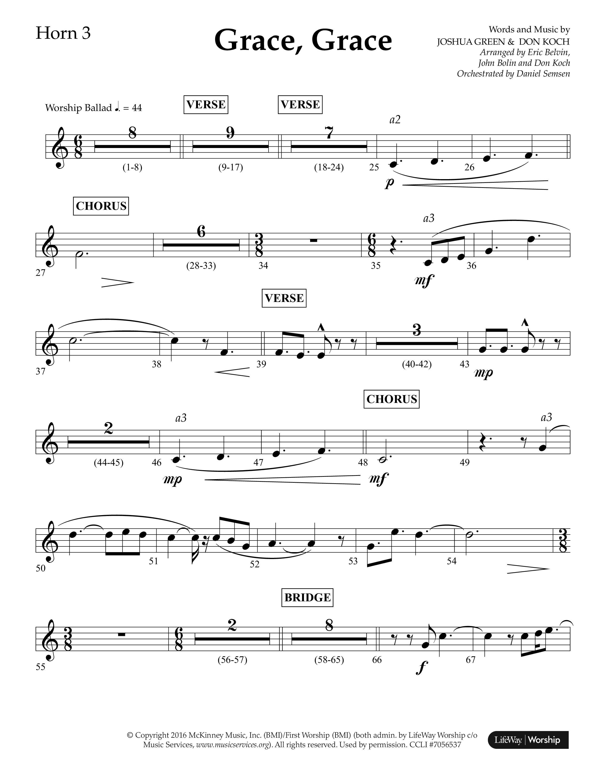 Grace Grace (Choral Anthem SATB) French Horn 3 (Lifeway Choral / Arr. John Bolin / Arr. Don Koch / Arr. Eric Belvin / Orch. Daniel Semsen)