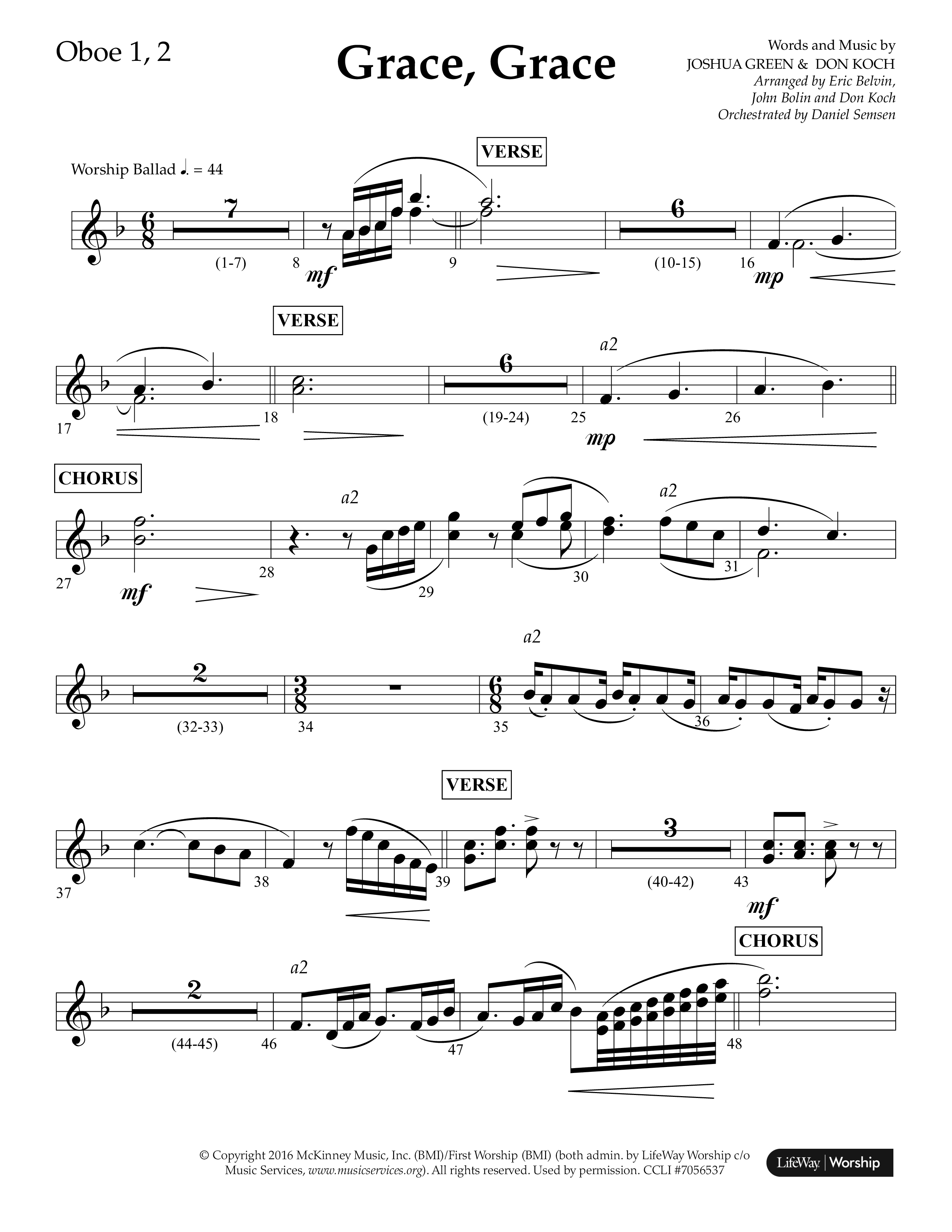 Grace Grace (Choral Anthem SATB) Oboe 1/2 (Lifeway Choral / Arr. John Bolin / Arr. Don Koch / Arr. Eric Belvin / Orch. Daniel Semsen)