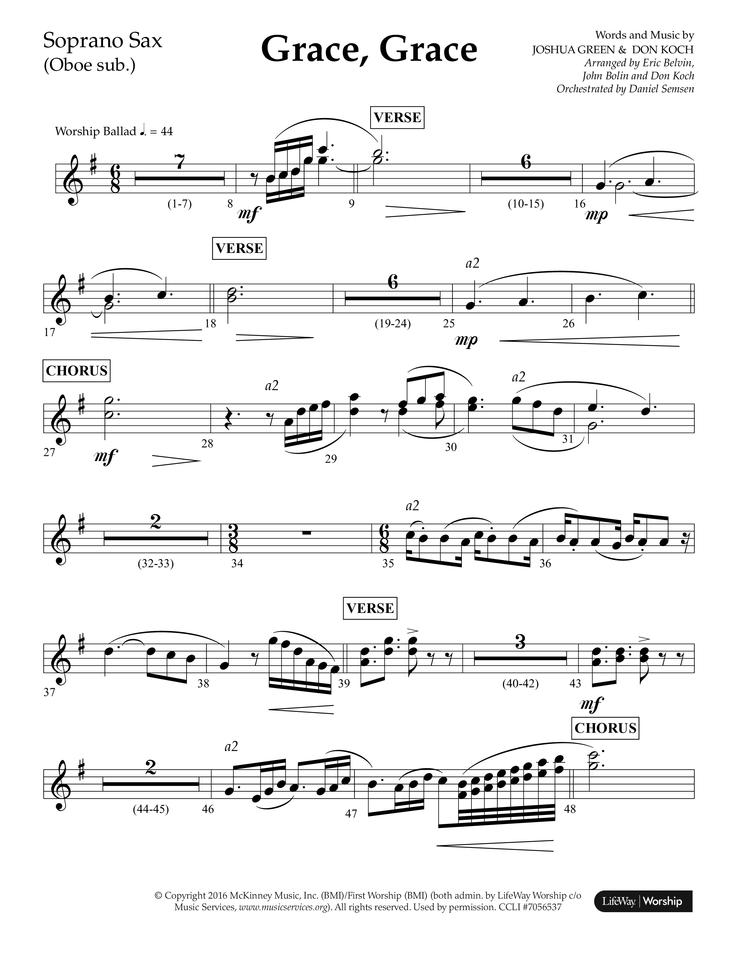 Grace Grace (Choral Anthem SATB) Soprano Sax (Lifeway Choral / Arr. John Bolin / Arr. Don Koch / Arr. Eric Belvin / Orch. Daniel Semsen)