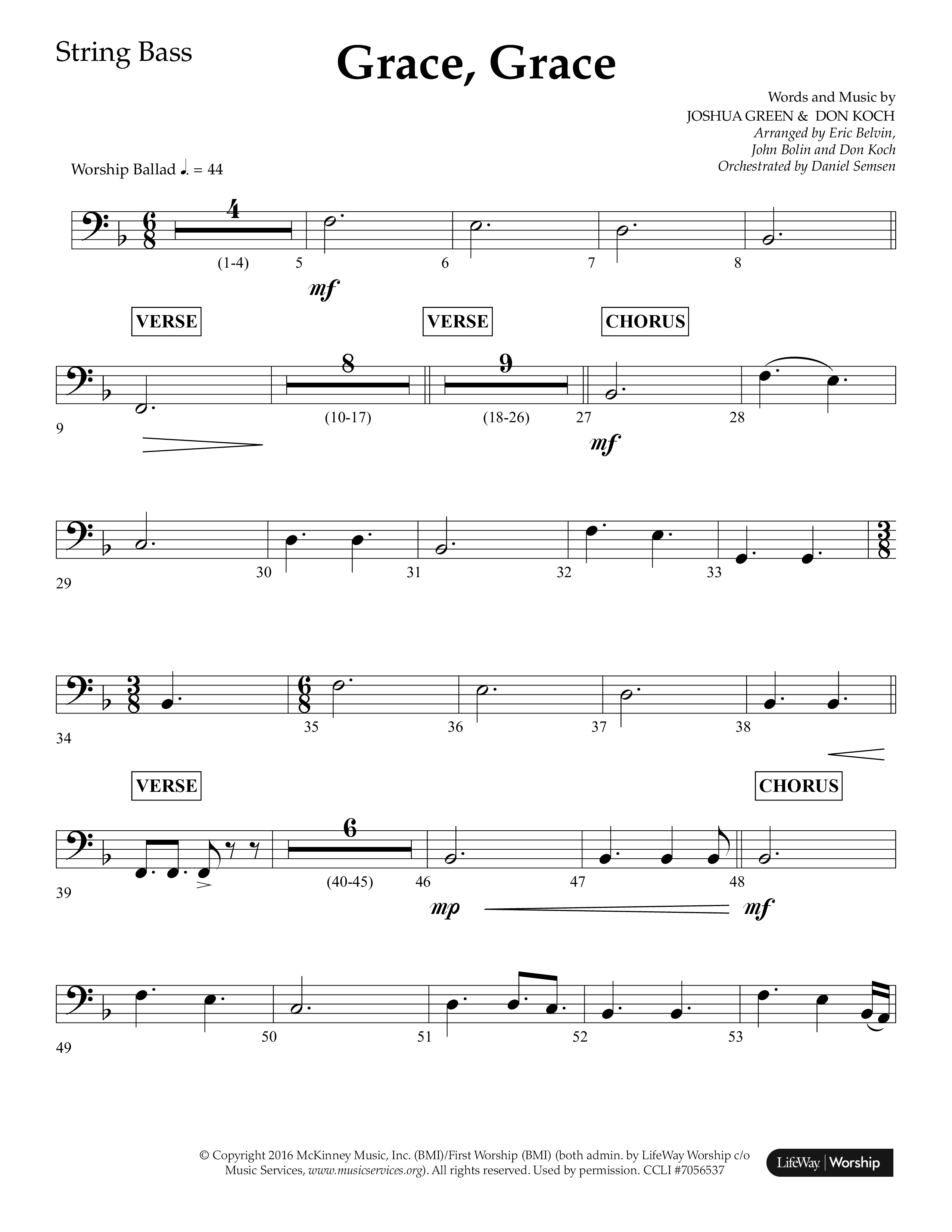 Grace Grace (Choral Anthem SATB) String Bass (Lifeway Choral / Arr. John Bolin / Arr. Don Koch / Arr. Eric Belvin / Orch. Daniel Semsen)