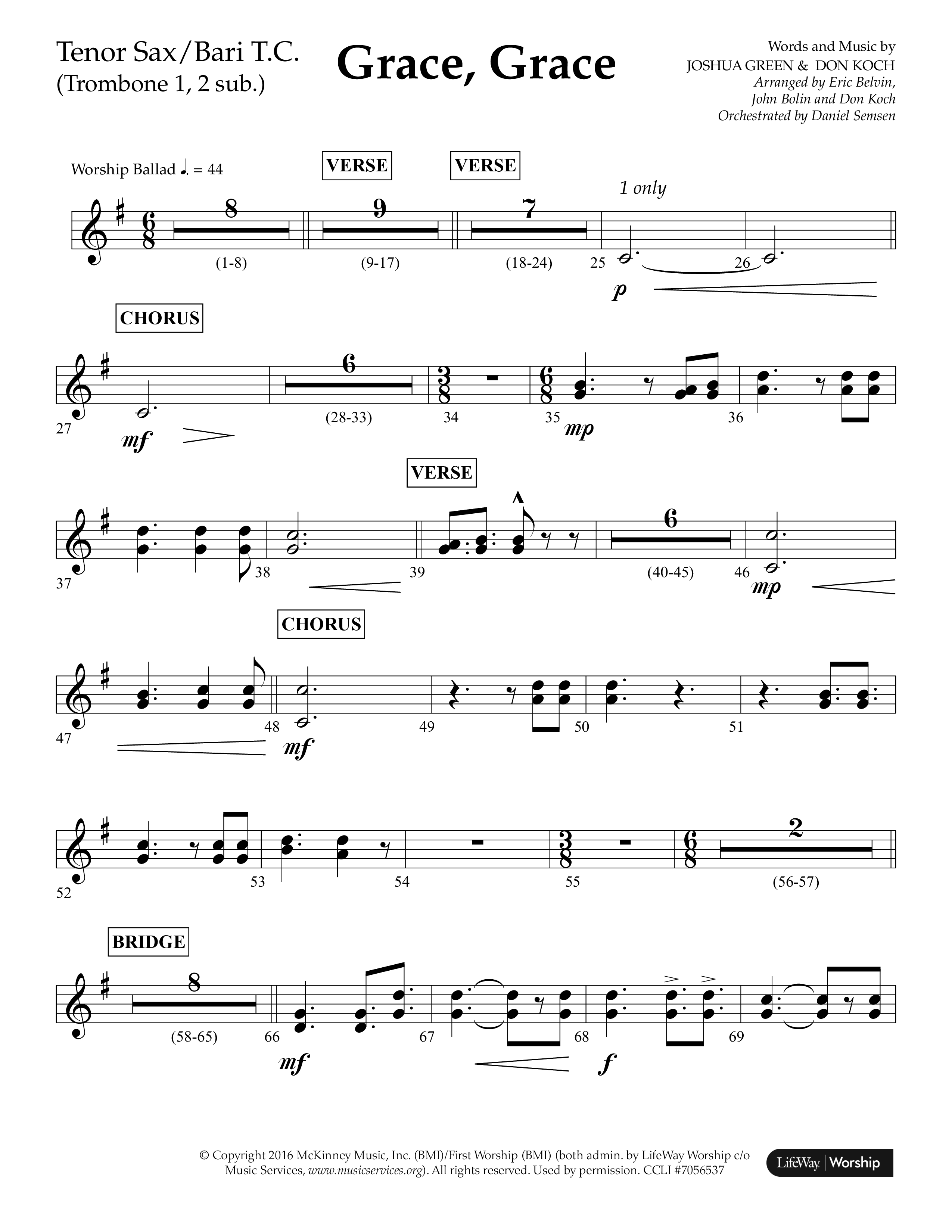 Grace Grace (Choral Anthem SATB) Tenor Sax/Baritone T.C. (Lifeway Choral / Arr. John Bolin / Arr. Don Koch / Arr. Eric Belvin / Orch. Daniel Semsen)