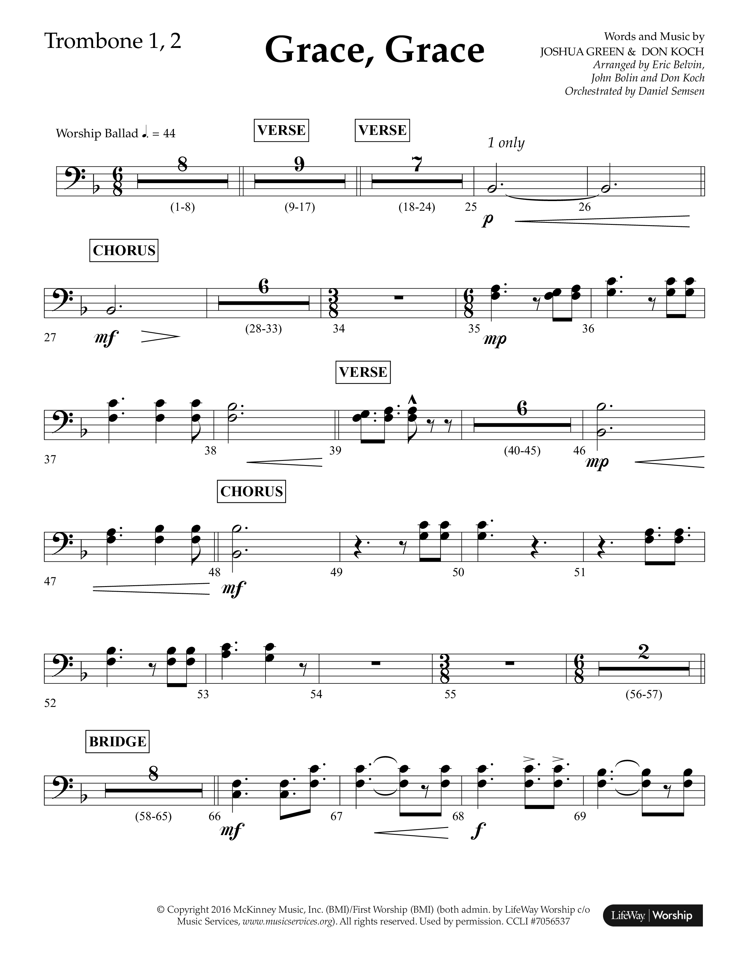 Grace Grace (Choral Anthem SATB) Trombone 1/2 (Lifeway Choral / Arr. John Bolin / Arr. Don Koch / Arr. Eric Belvin / Orch. Daniel Semsen)