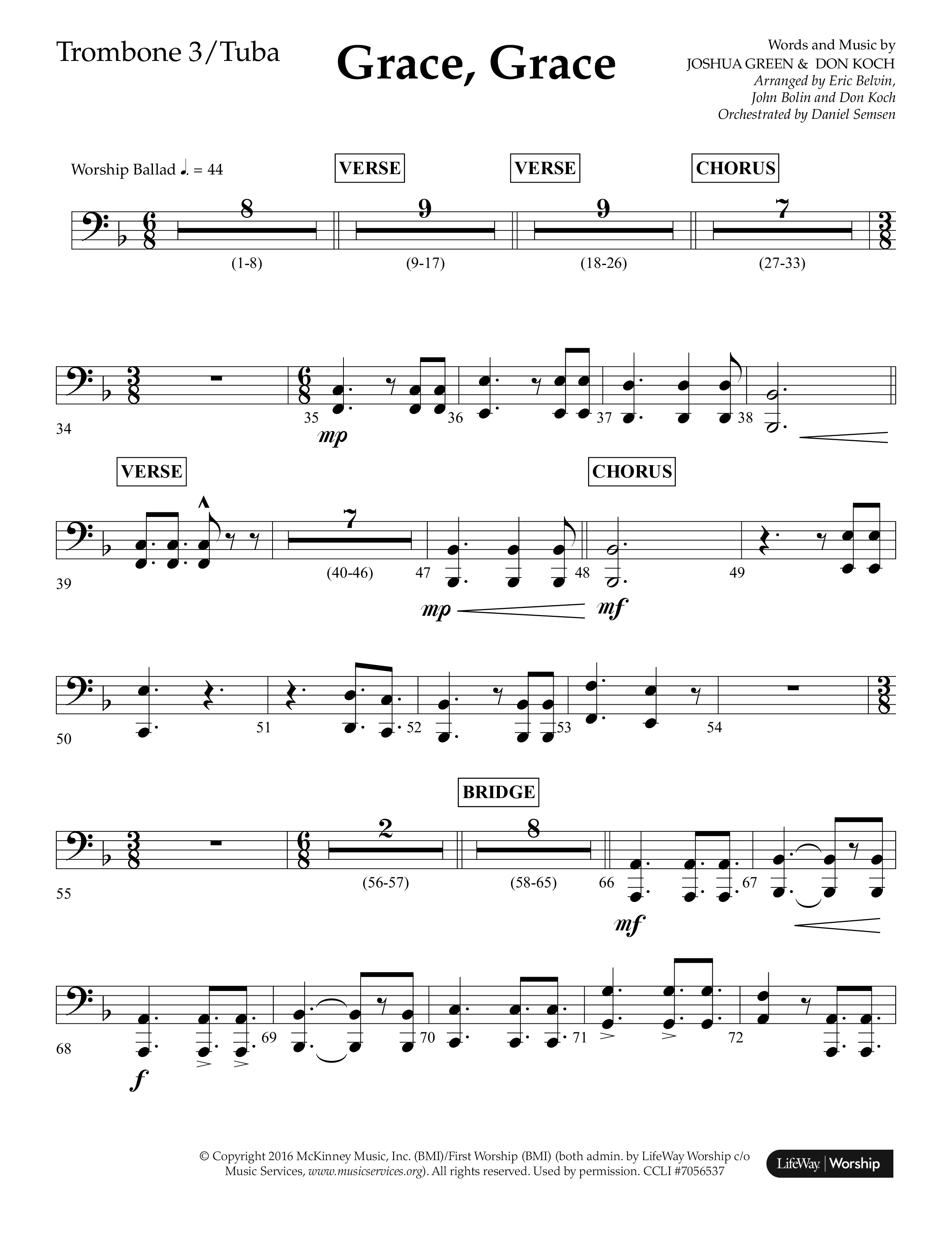 Grace Grace (Choral Anthem SATB) Trombone 3/Tuba (Lifeway Choral / Arr. John Bolin / Arr. Don Koch / Arr. Eric Belvin / Orch. Daniel Semsen)