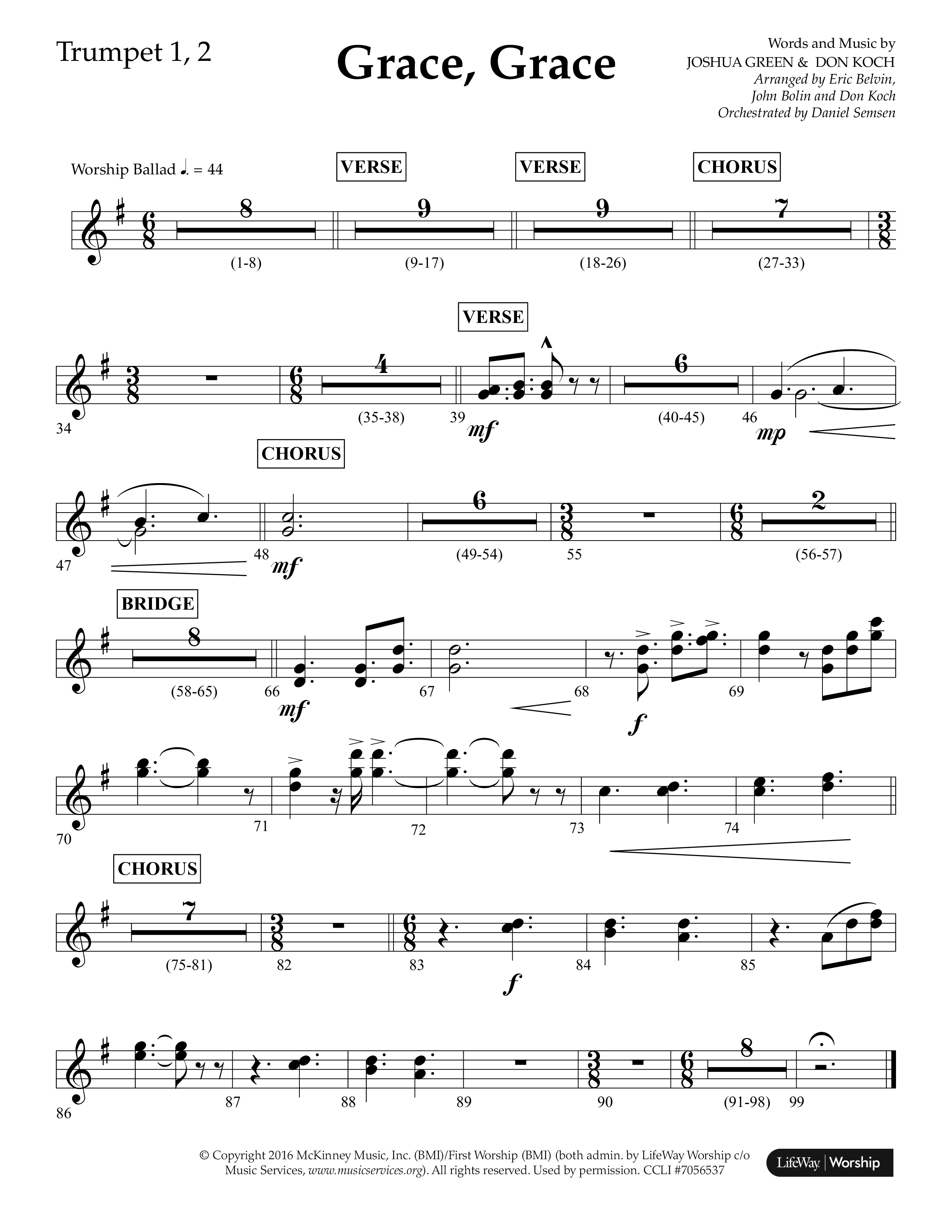 Grace Grace (Choral Anthem SATB) Trumpet 1,2 (Lifeway Choral / Arr. John Bolin / Arr. Don Koch / Arr. Eric Belvin / Orch. Daniel Semsen)