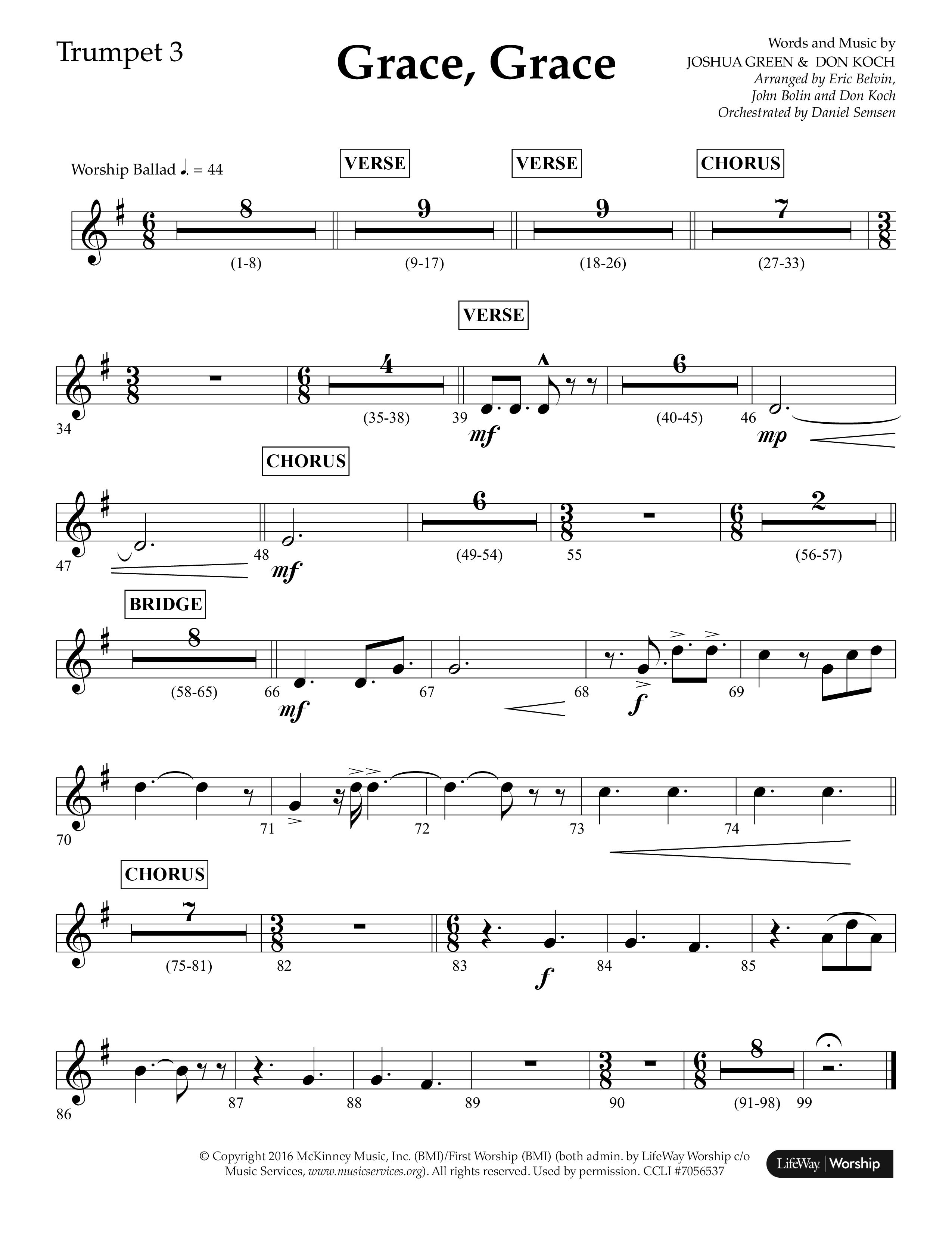 Grace Grace (Choral Anthem SATB) Trumpet 1,2 (Lifeway Choral / Arr. John Bolin / Arr. Don Koch / Arr. Eric Belvin / Orch. Daniel Semsen)