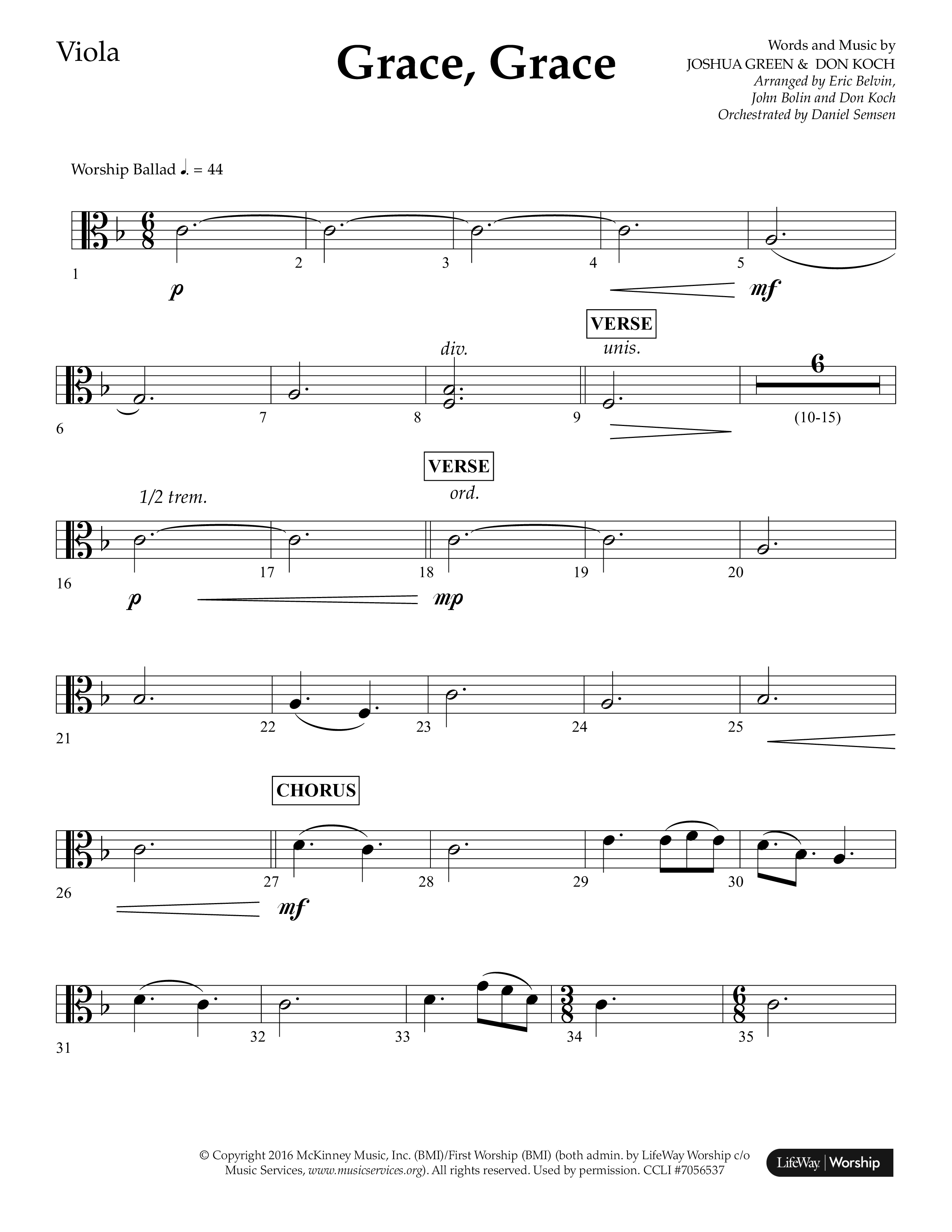 Grace Grace (Choral Anthem SATB) Viola (Lifeway Choral / Arr. John Bolin / Arr. Don Koch / Arr. Eric Belvin / Orch. Daniel Semsen)