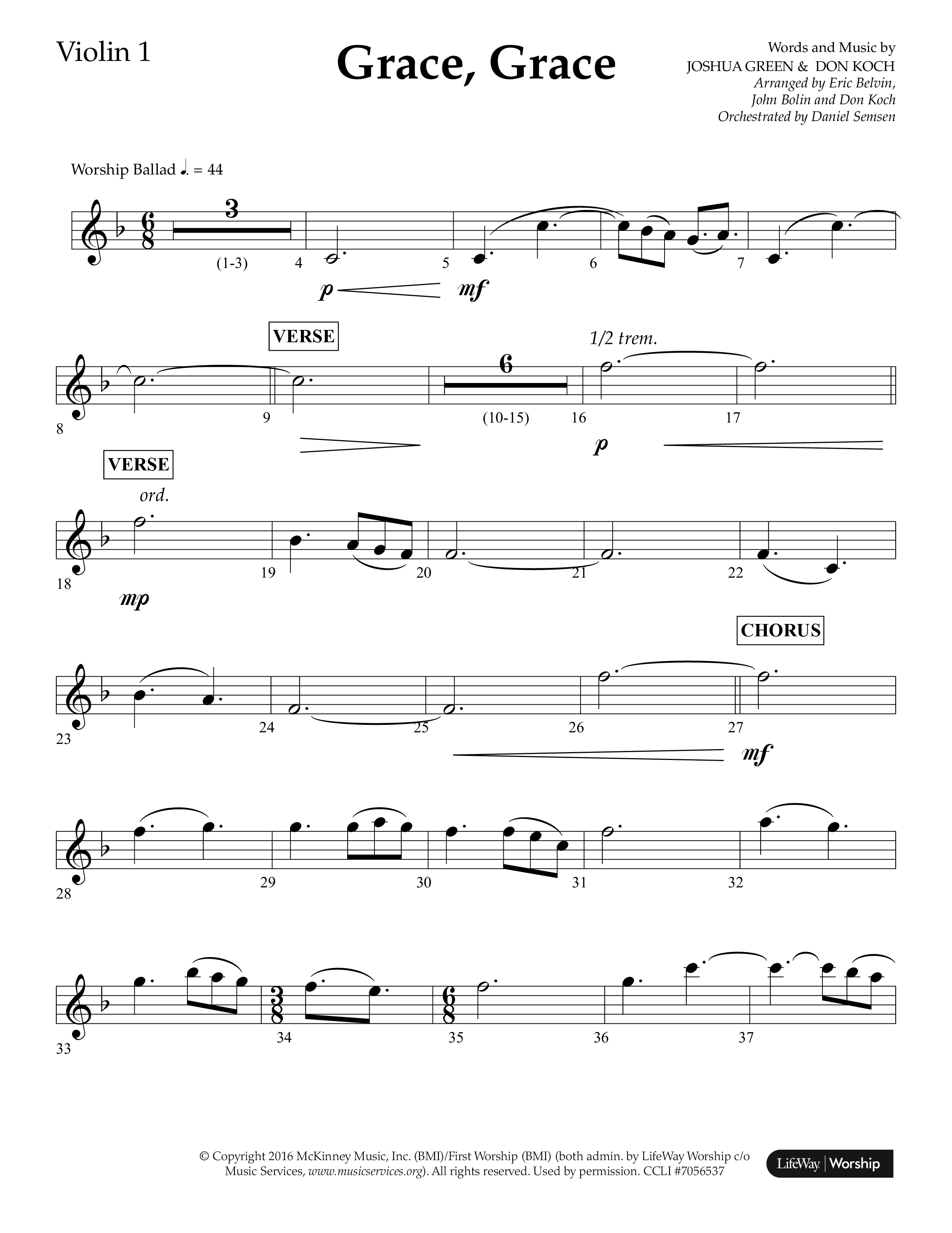 Grace Grace (Choral Anthem SATB) Violin 1 (Lifeway Choral / Arr. John Bolin / Arr. Don Koch / Arr. Eric Belvin / Orch. Daniel Semsen)