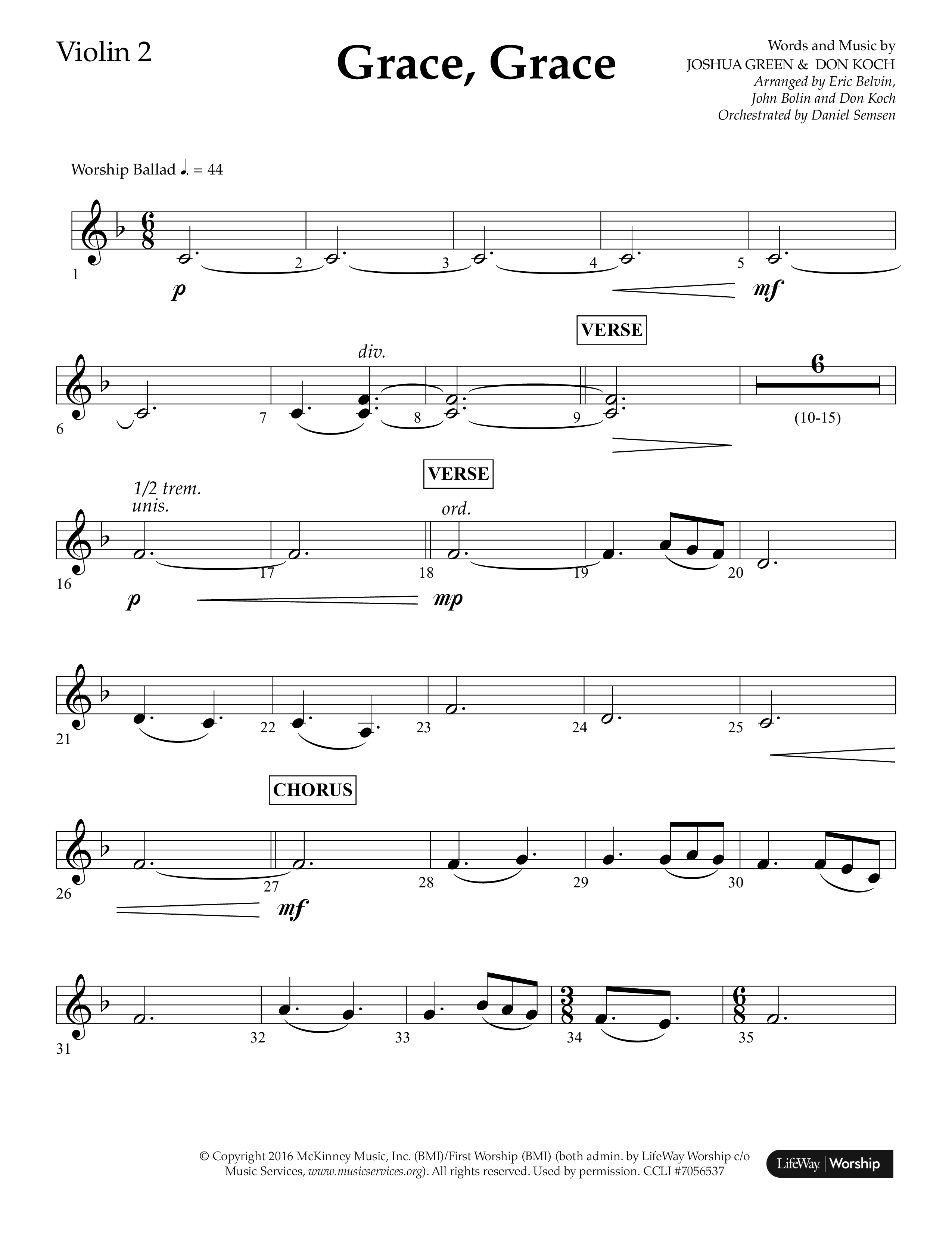 Grace Grace (Choral Anthem SATB) Violin 2 (Lifeway Choral / Arr. John Bolin / Arr. Don Koch / Arr. Eric Belvin / Orch. Daniel Semsen)
