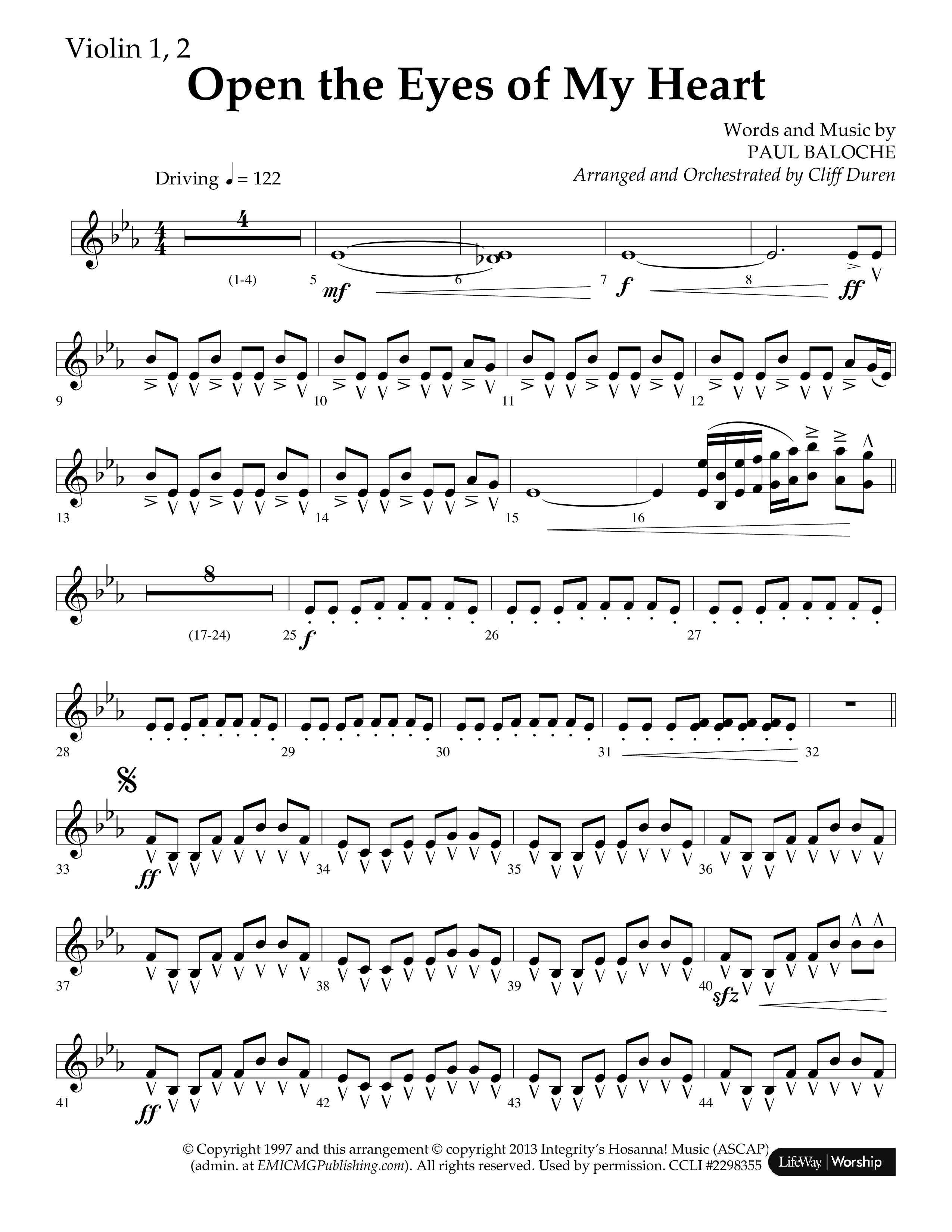 Open The Eyes Of My Heart (Choral Anthem SATB) Violin 1/2 (Lifeway Choral / Arr. Cliff Duren)