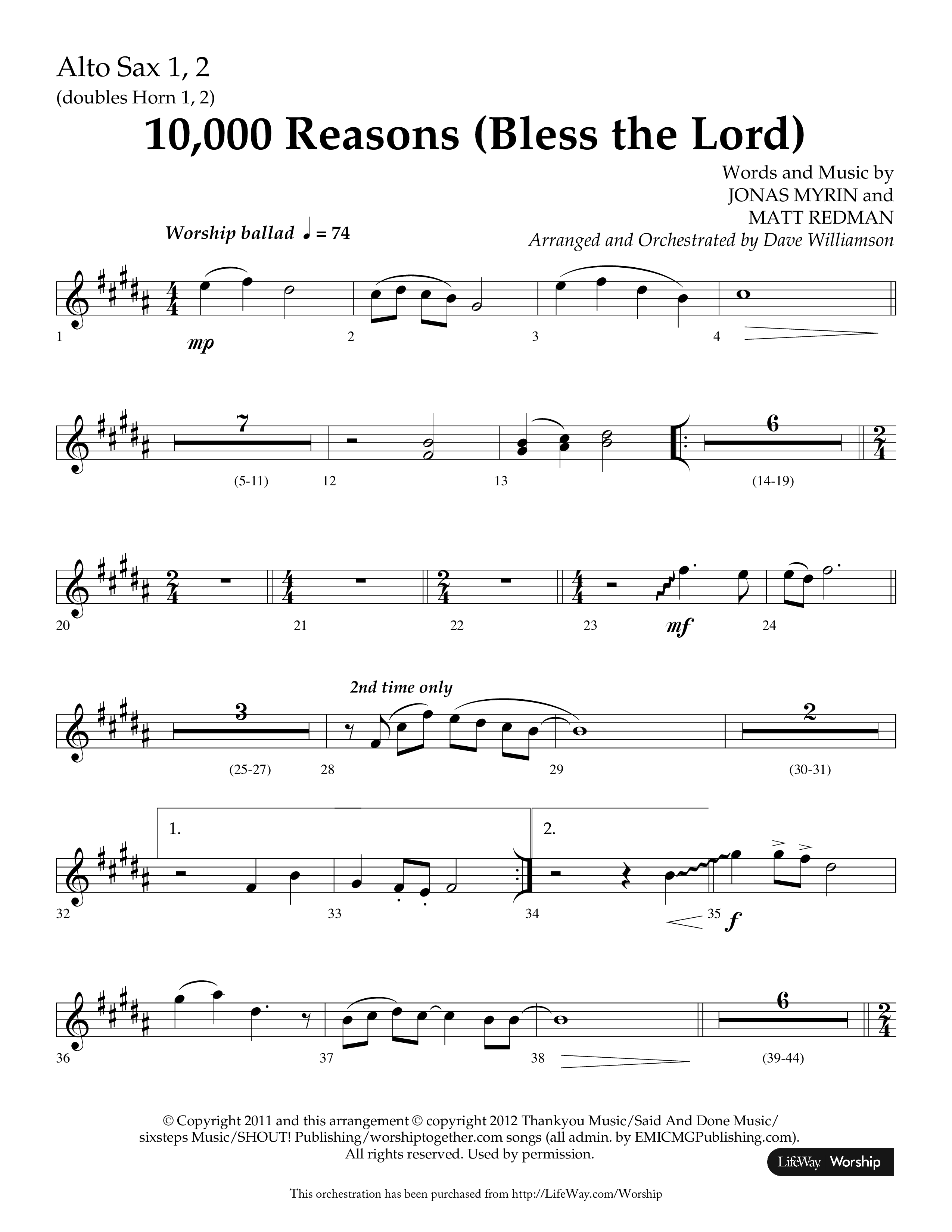 10,000 Reasons (Bless The Lord) (Choral Anthem SATB) Alto Sax 1/2 (Lifeway Choral / Arr. Dave Williamson)