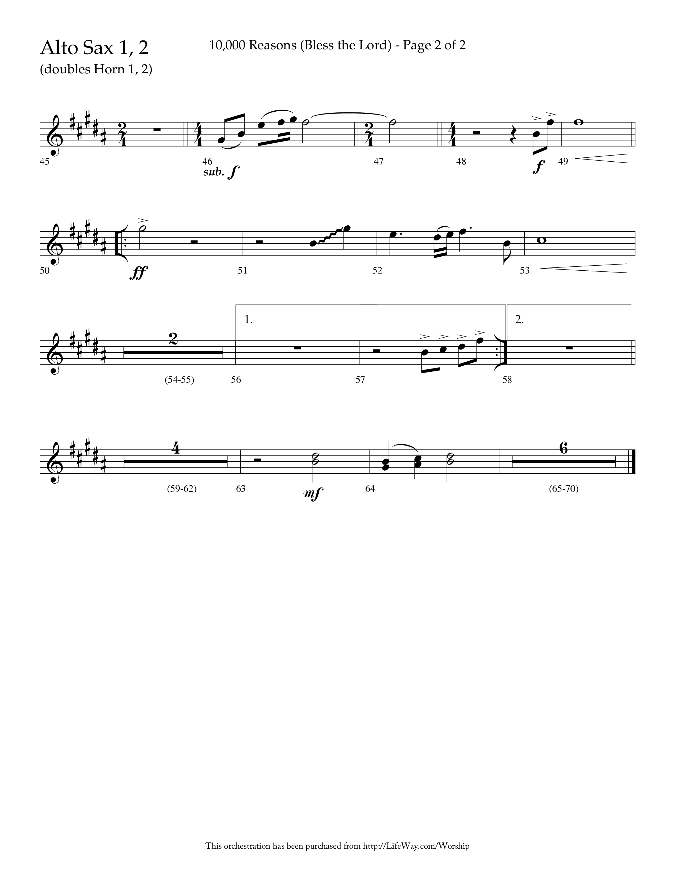 10,000 Reasons (Bless The Lord) (Choral Anthem SATB) Alto Sax 1/2 (Lifeway Choral / Arr. Dave Williamson)