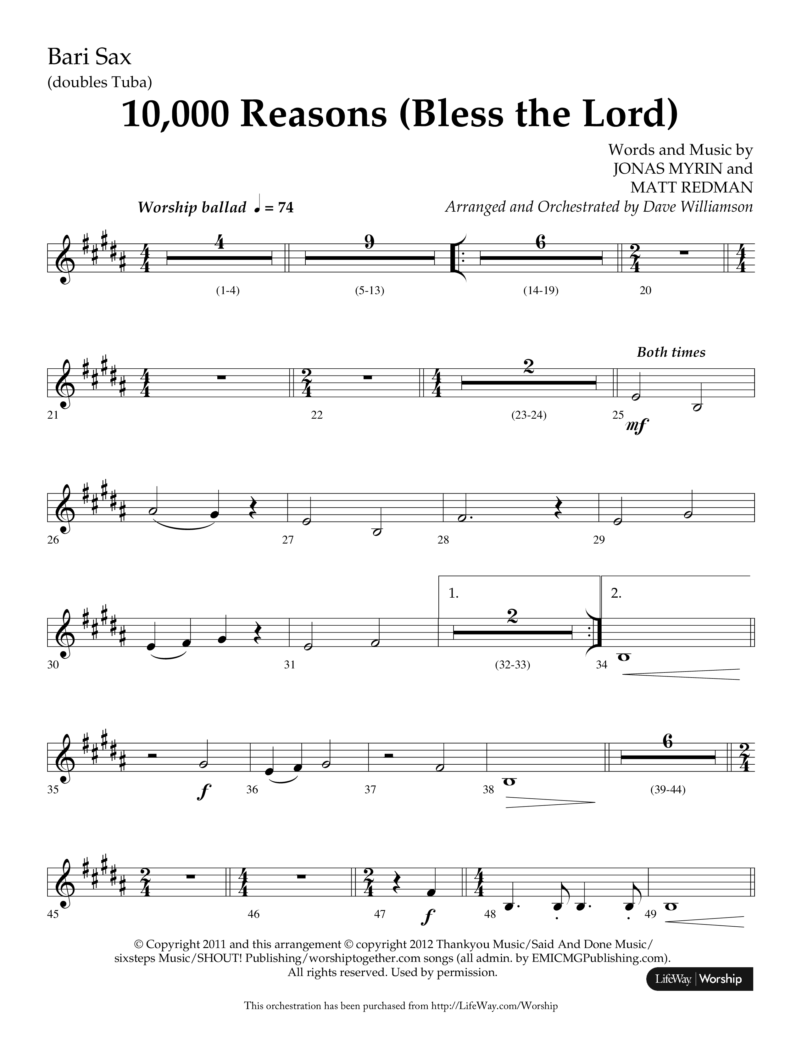 10,000 Reasons (Bless The Lord) (Choral Anthem SATB) Bari Sax (Lifeway Choral / Arr. Dave Williamson)