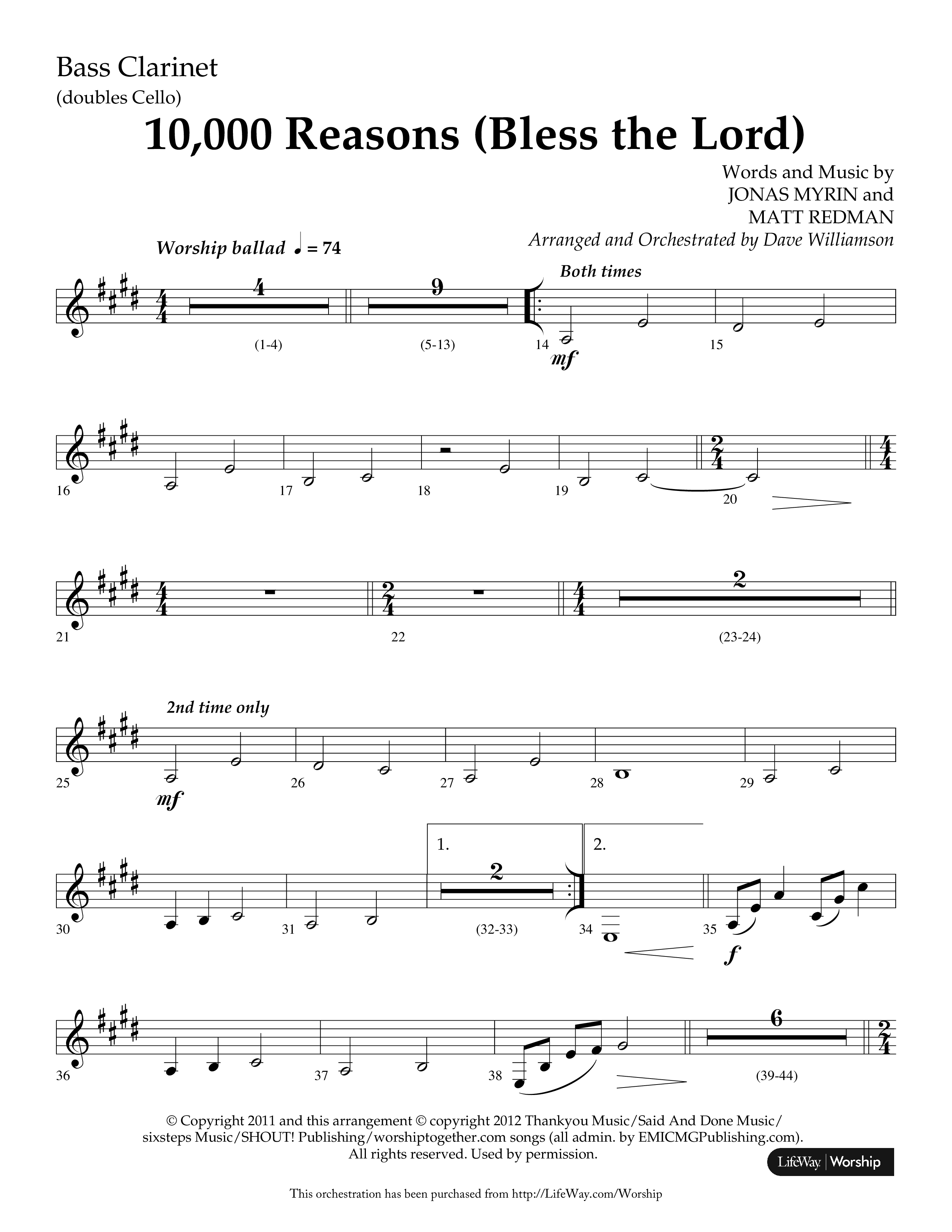 10,000 Reasons (Bless The Lord) (Choral Anthem SATB) Bass Clarinet (Lifeway Choral / Arr. Dave Williamson)