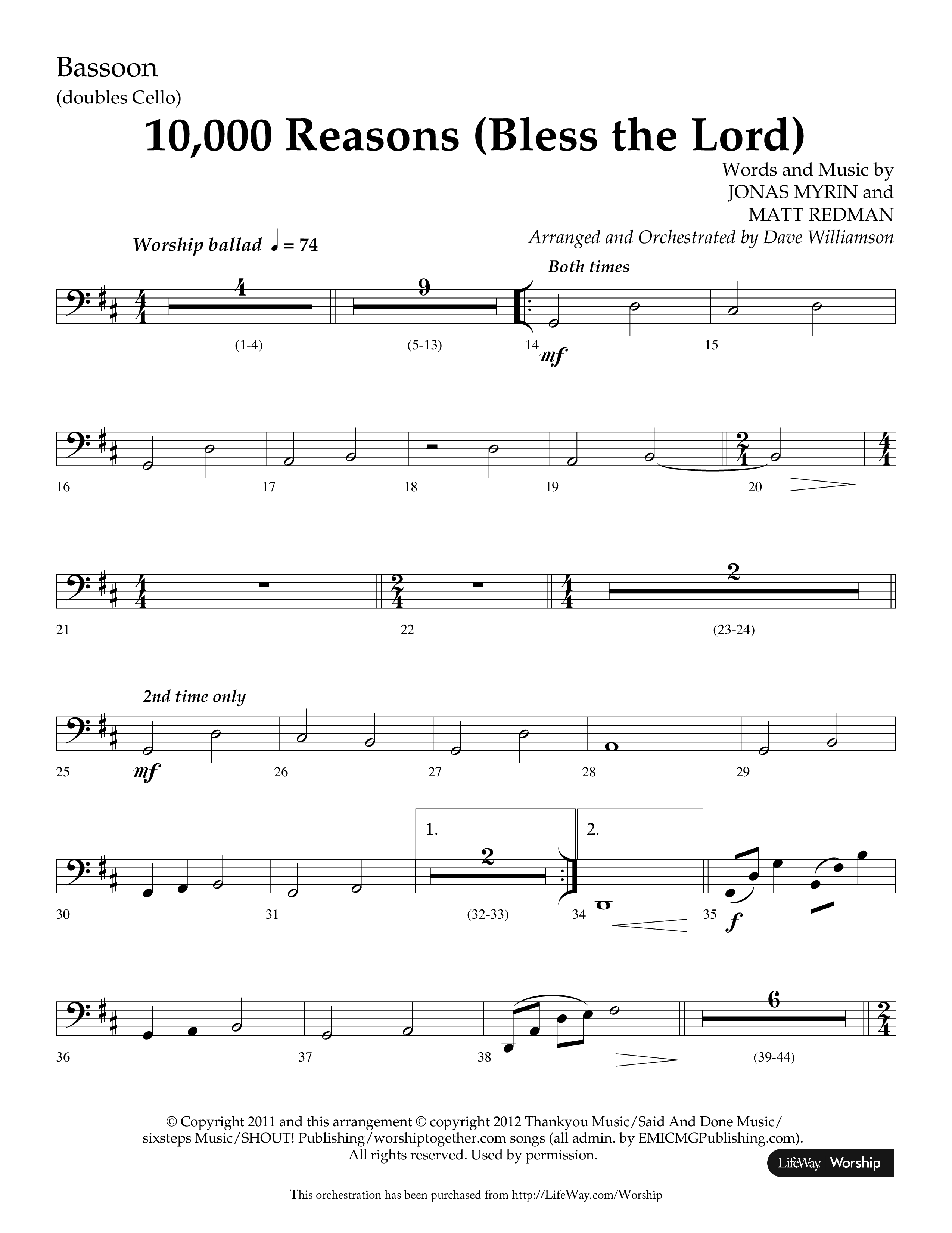 10,000 Reasons (Bless The Lord) (Choral Anthem SATB) Bassoon (Lifeway Choral / Arr. Dave Williamson)