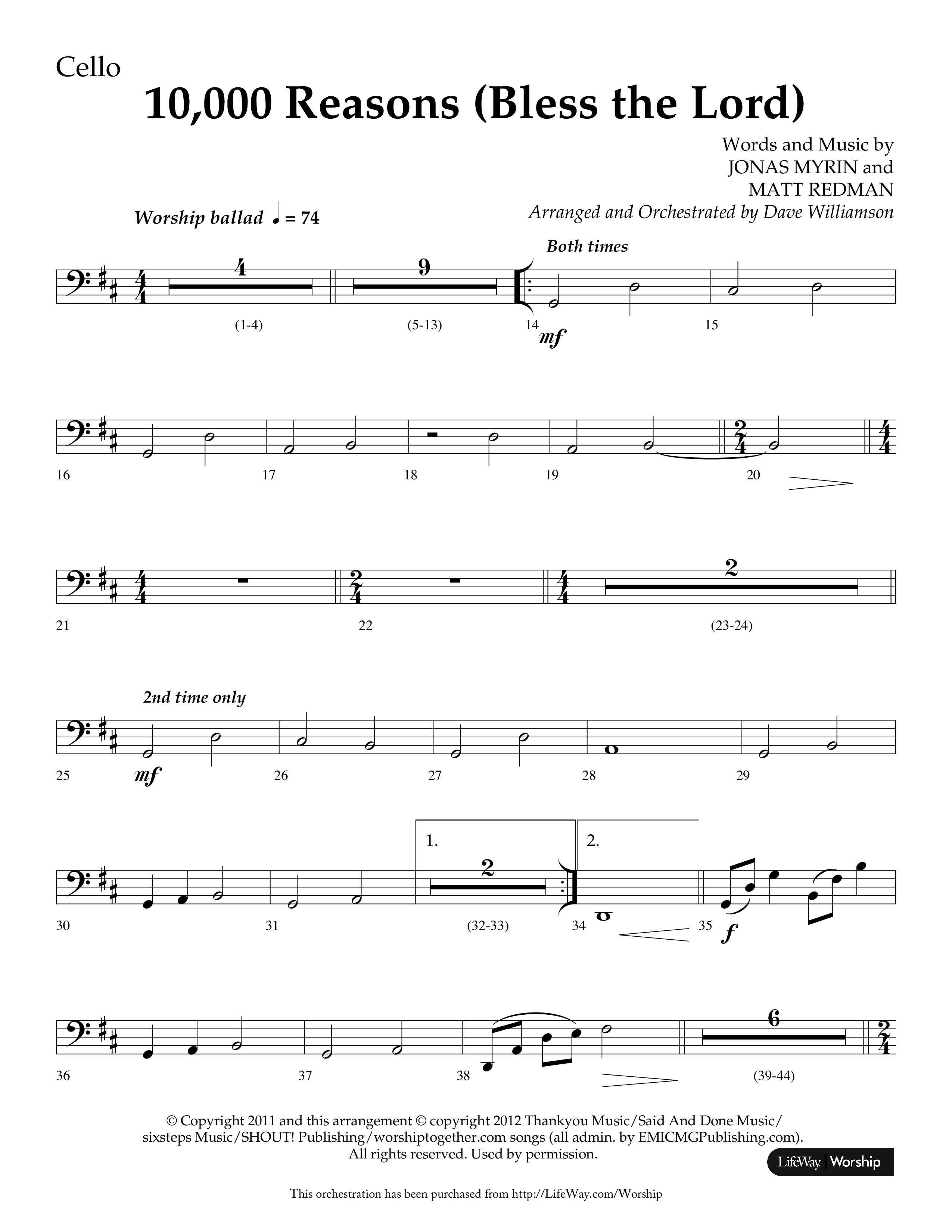 10,000 Reasons (Bless The Lord) (Choral Anthem SATB) Cello (Lifeway Choral / Arr. Dave Williamson)