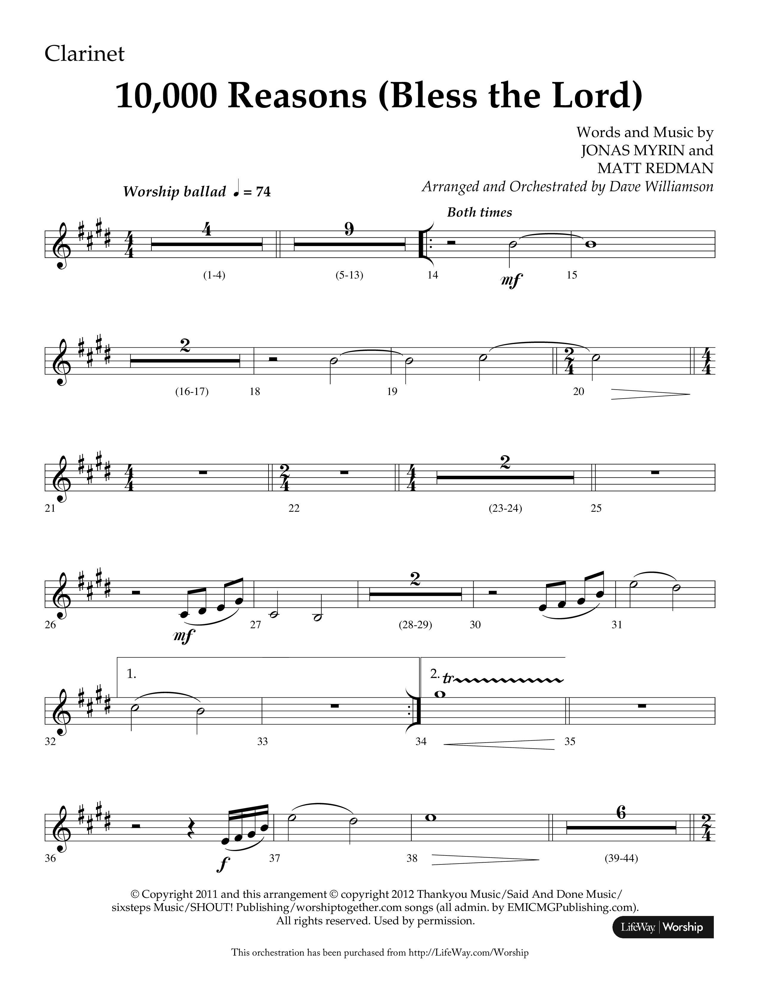 10,000 Reasons (Bless The Lord) (Choral Anthem SATB) Clarinet 1/2 (Lifeway Choral / Arr. Dave Williamson)