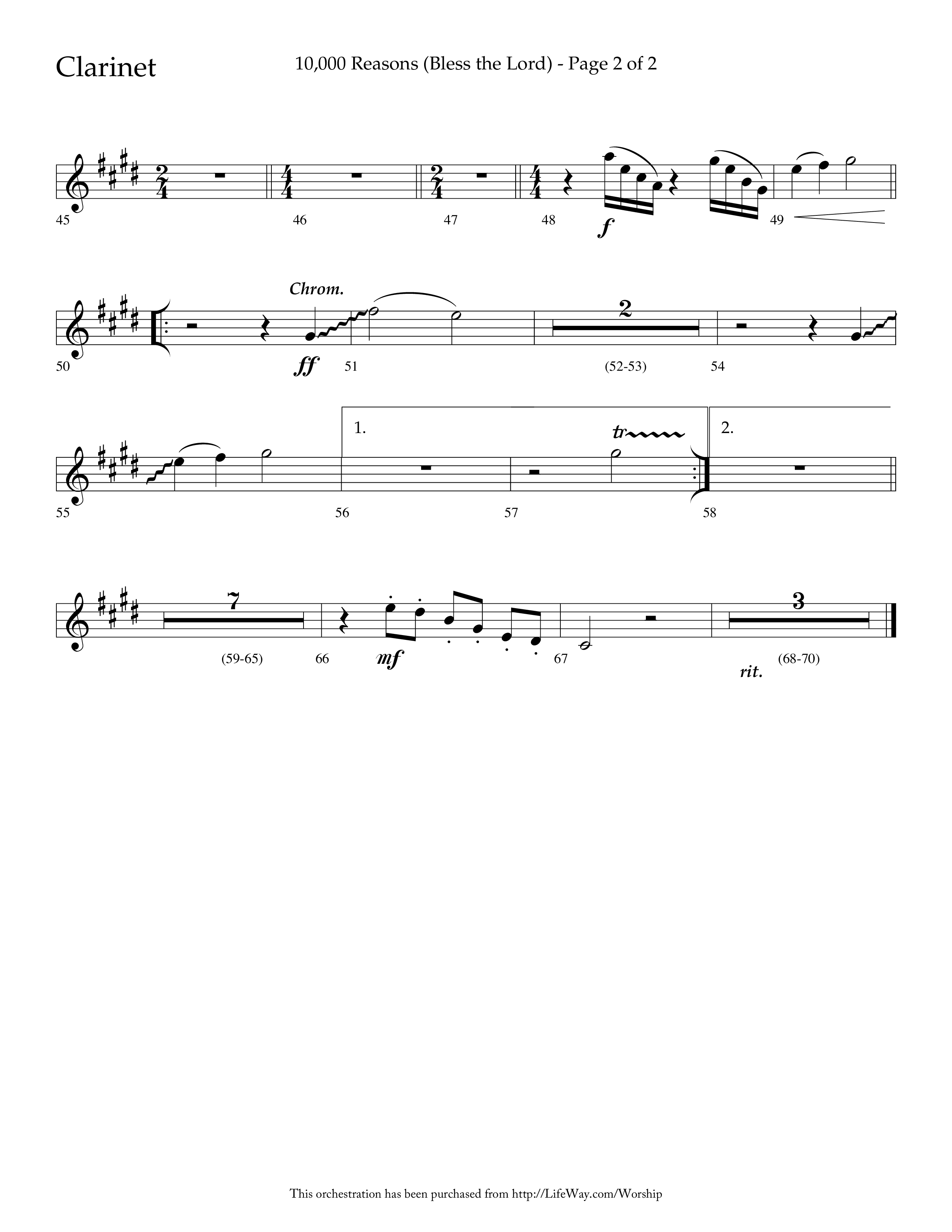 10,000 Reasons (Bless The Lord) (Choral Anthem SATB) Clarinet 1/2 (Lifeway Choral / Arr. Dave Williamson)