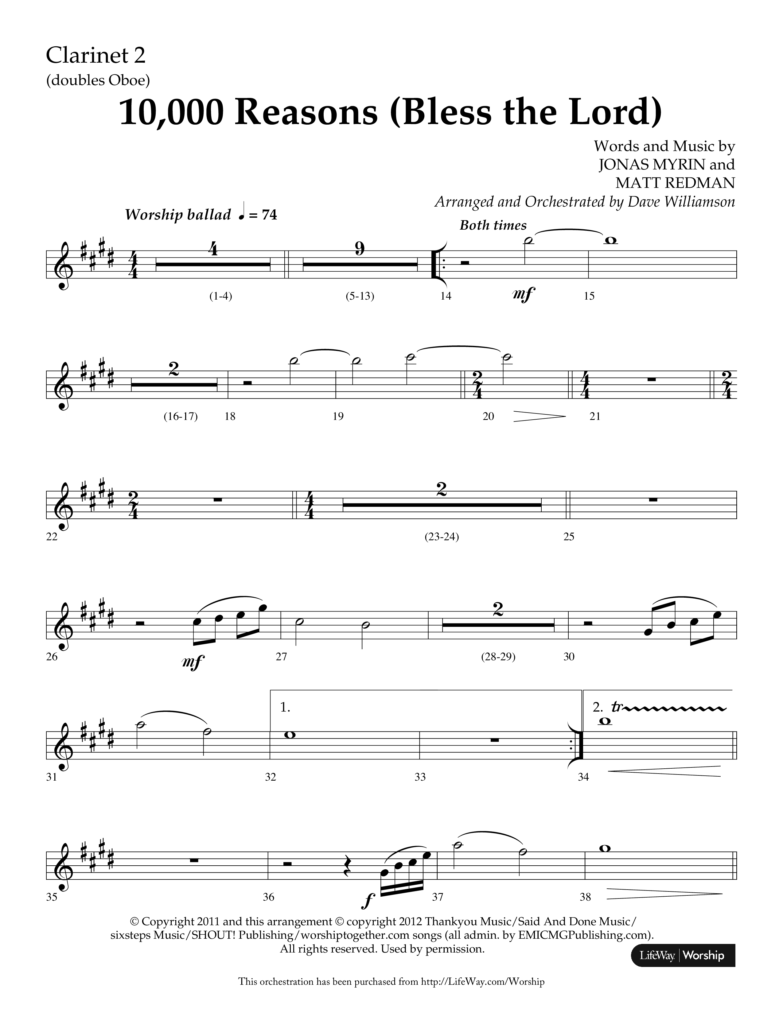 10,000 Reasons (Bless The Lord) (Choral Anthem SATB) Clarinet 1/2 (Lifeway Choral / Arr. Dave Williamson)